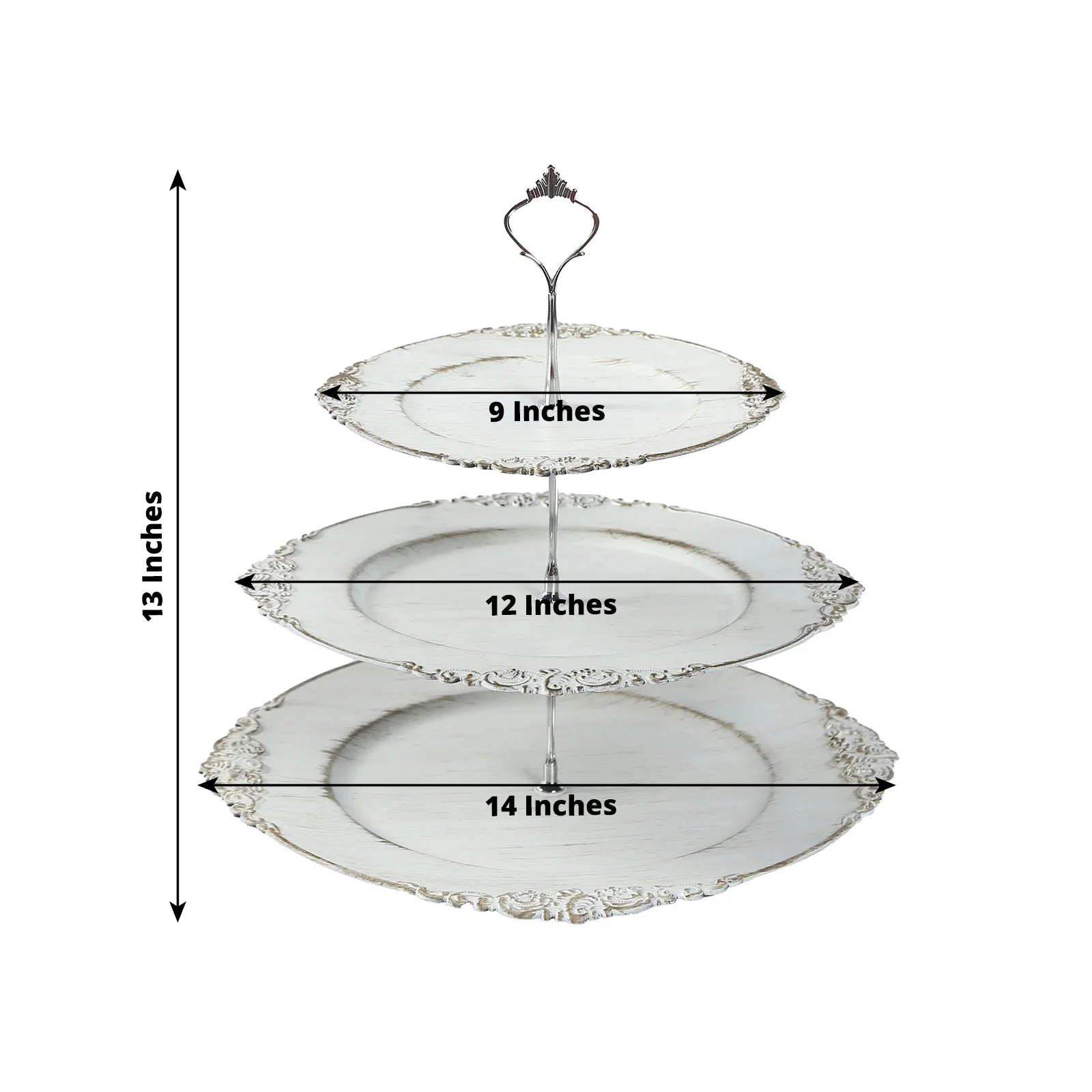 3-Tier Plastic Round Cupcake Stand 13" Whitewashed with Antique Gold Baroque Rim & Top Handle - Reusable Dessert Display Holder Serving Tray Platter for Rustic Chic Events - Image 2