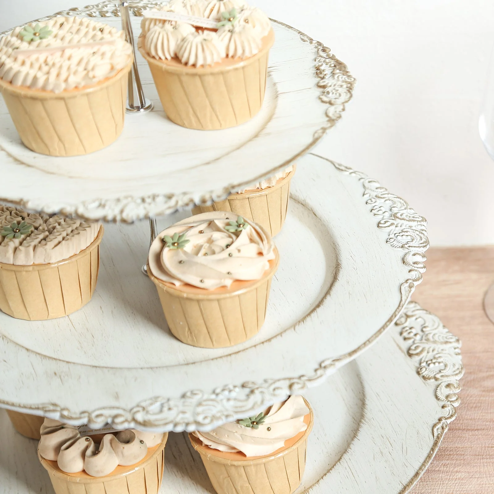 3-Tier Plastic Round Cupcake Stand 13" Whitewashed with Antique Gold Baroque Rim & Top Handle - Reusable Dessert Display Holder Serving Tray Platter for Rustic Chic Events - Image 8