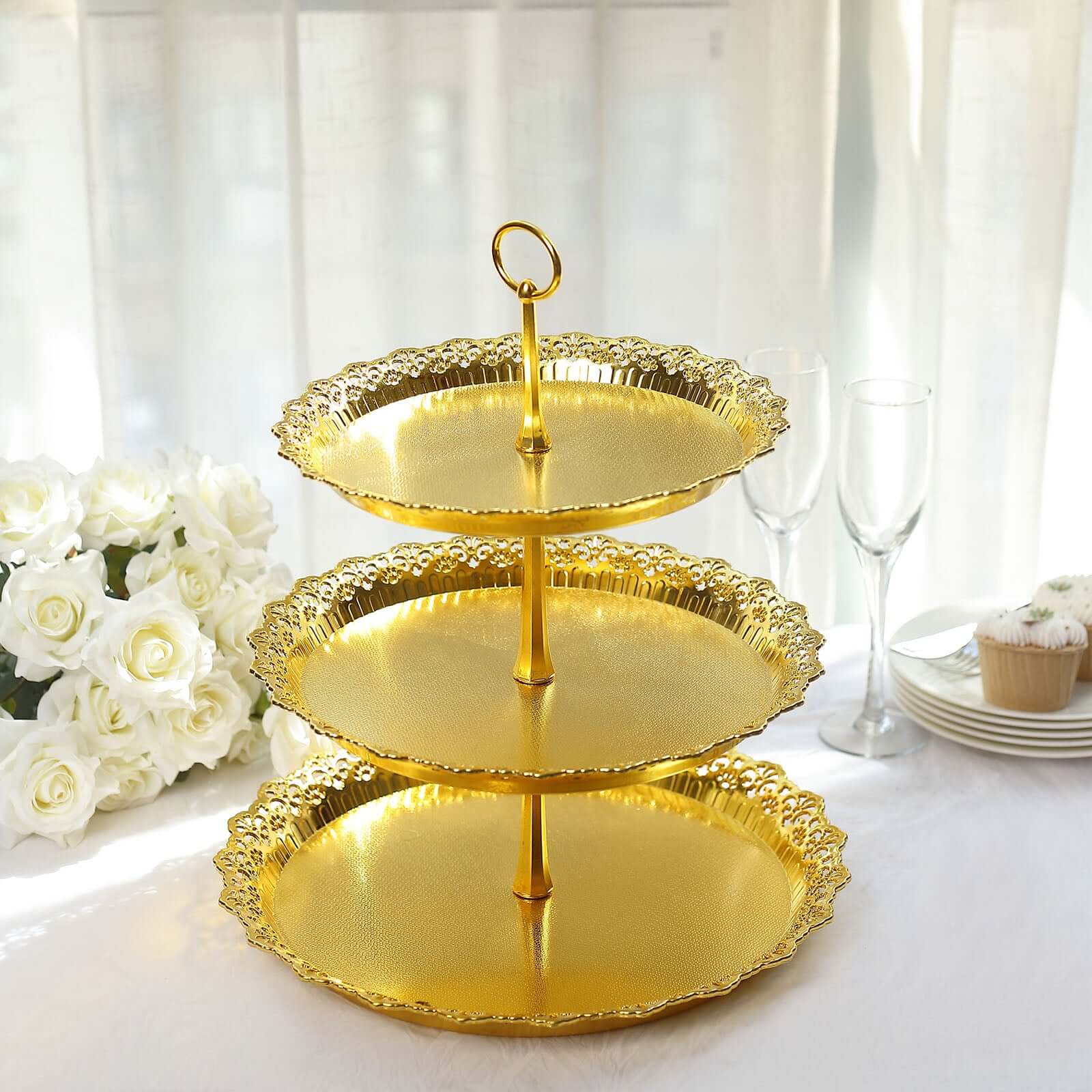 3-Tier Plastic Round Cupcake Stand 15" Metallic Gold with Lace Scalloped Edges - Decorative Space Saving Dessert Display Tower Pastry Serving Tray for Weddings & Cocktail Parties