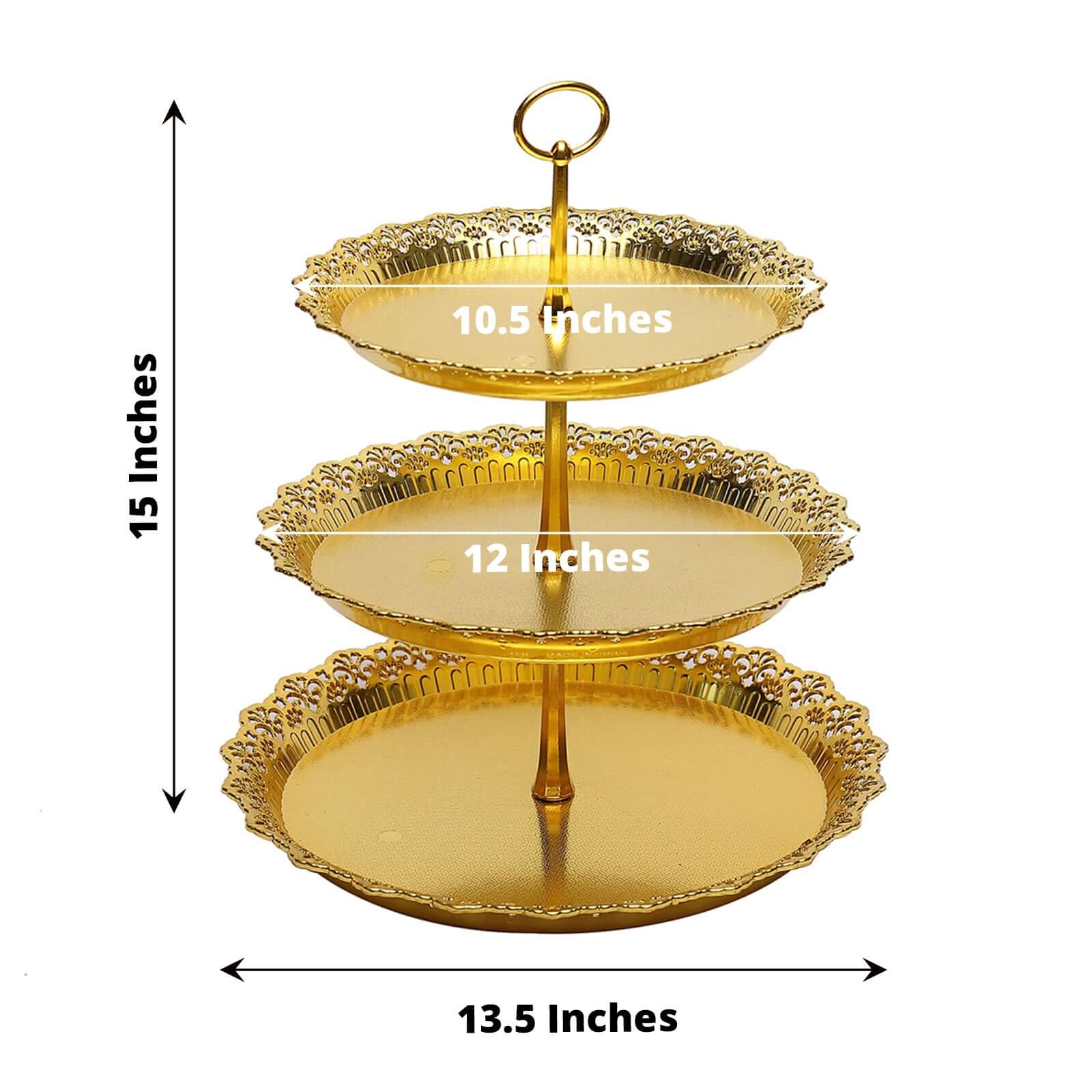 3-Tier Plastic Round Cupcake Stand 15" Metallic Gold with Lace Scalloped Edges - Decorative Space Saving Dessert Display Tower Pastry Serving Tray for Weddings & Cocktail Parties - Image 3