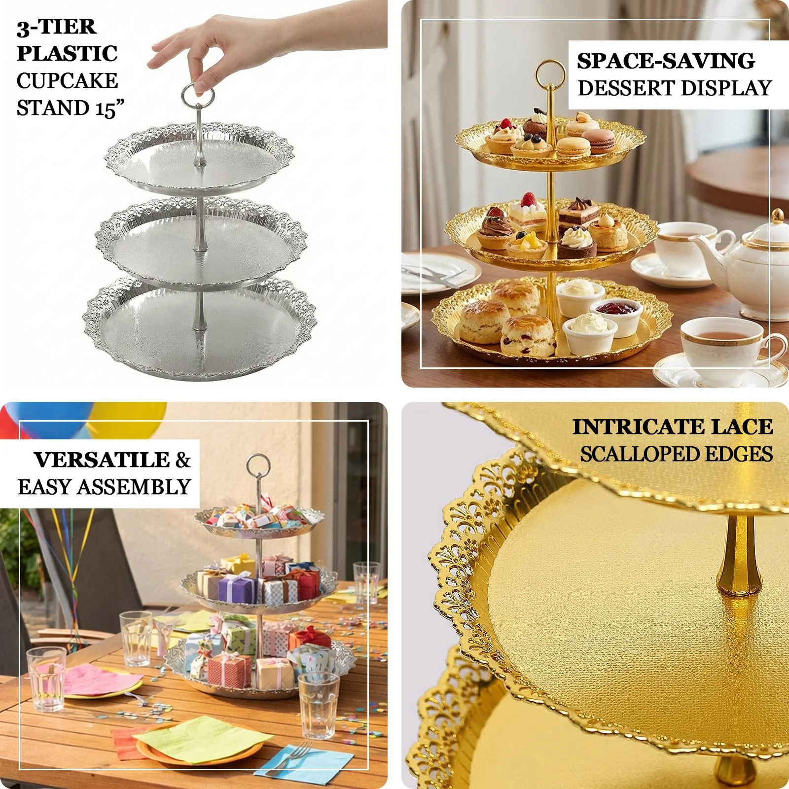 3-Tier Plastic Round Cupcake Stand 15" Metallic Gold with Lace Scalloped Edges - Decorative Space Saving Dessert Display Tower Pastry Serving Tray for Weddings & Cocktail Parties - Image 4