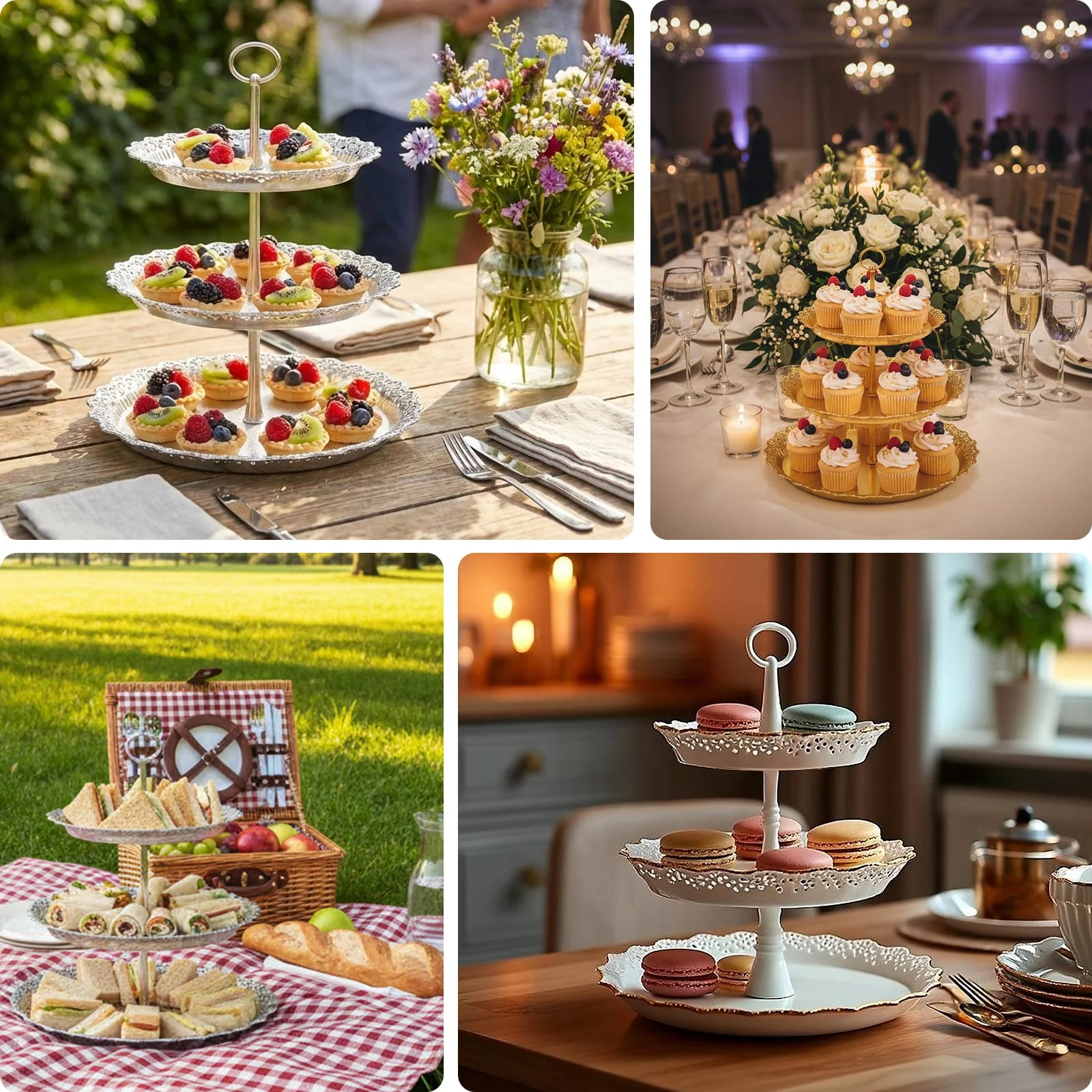 3-Tier Plastic Round Cupcake Stand 15" Metallic Gold with Lace Scalloped Edges - Decorative Space Saving Dessert Display Tower Pastry Serving Tray for Weddings & Cocktail Parties - Image 5
