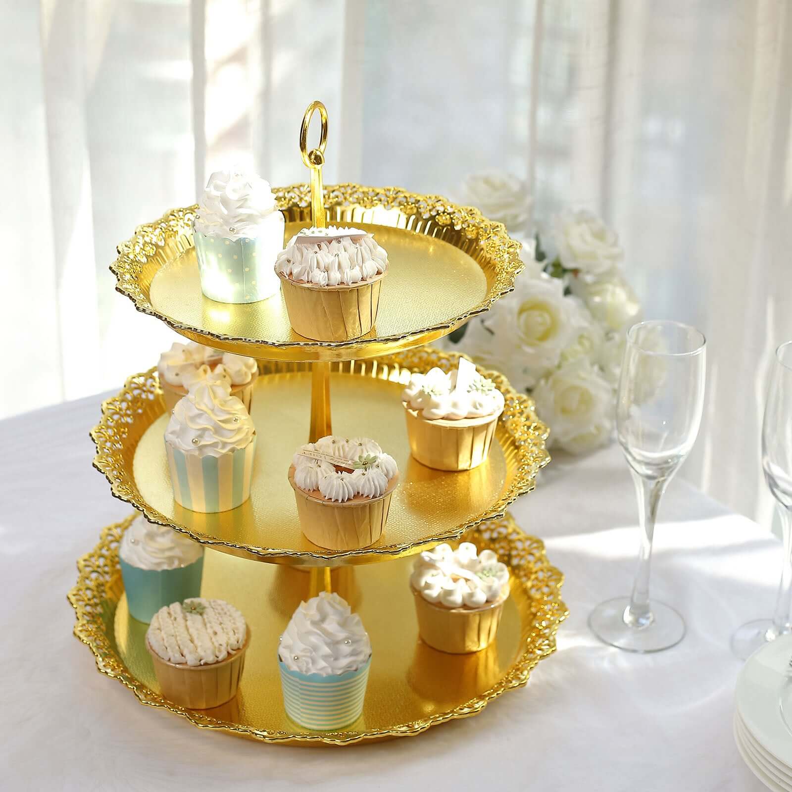 3-Tier Plastic Round Cupcake Stand 15" Metallic Gold with Lace Scalloped Edges - Decorative Space Saving Dessert Display Tower Pastry Serving Tray for Weddings & Cocktail Parties - Image 6