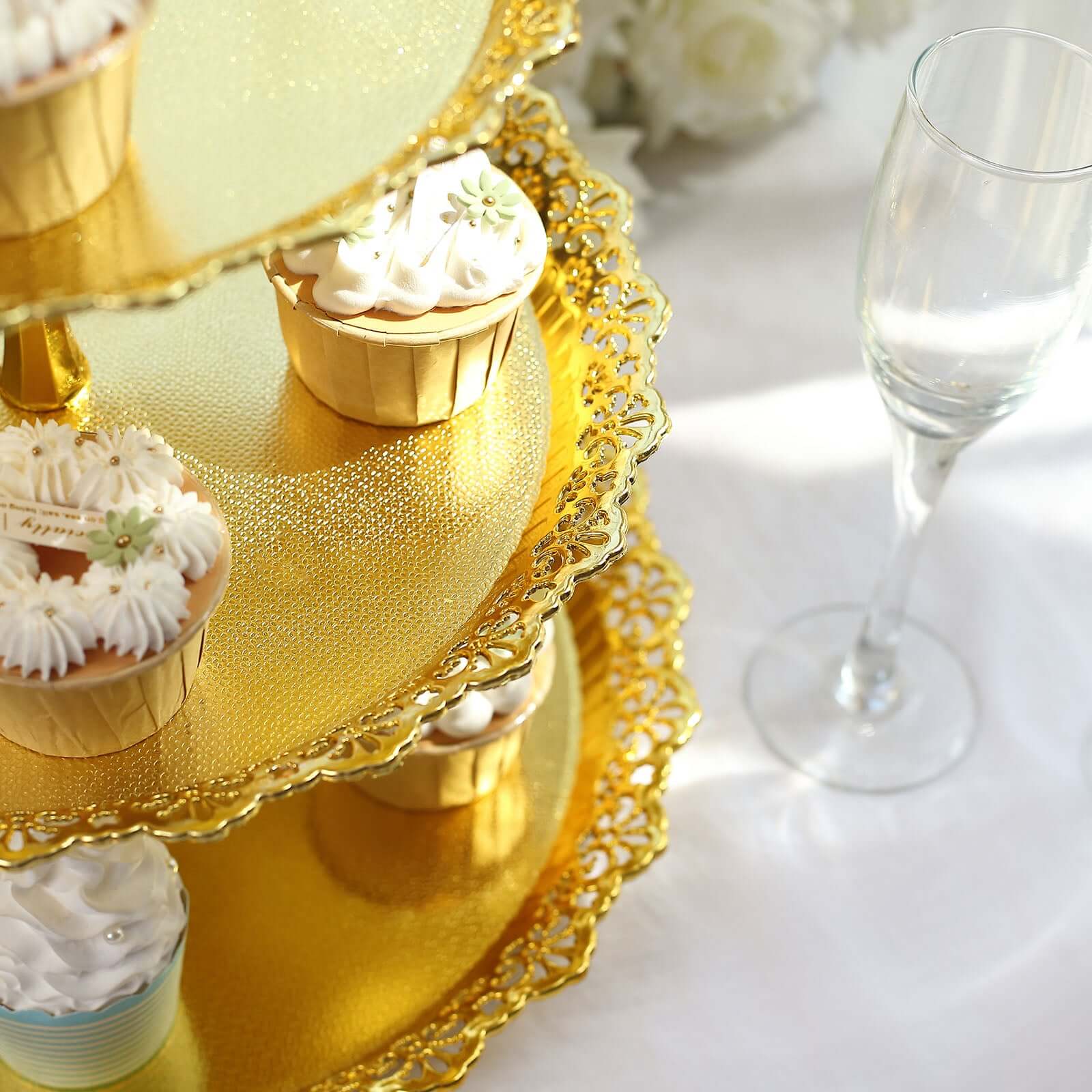 3-Tier Plastic Round Cupcake Stand 15" Metallic Gold with Lace Scalloped Edges - Decorative Space Saving Dessert Display Tower Pastry Serving Tray for Weddings & Cocktail Parties - Image 7