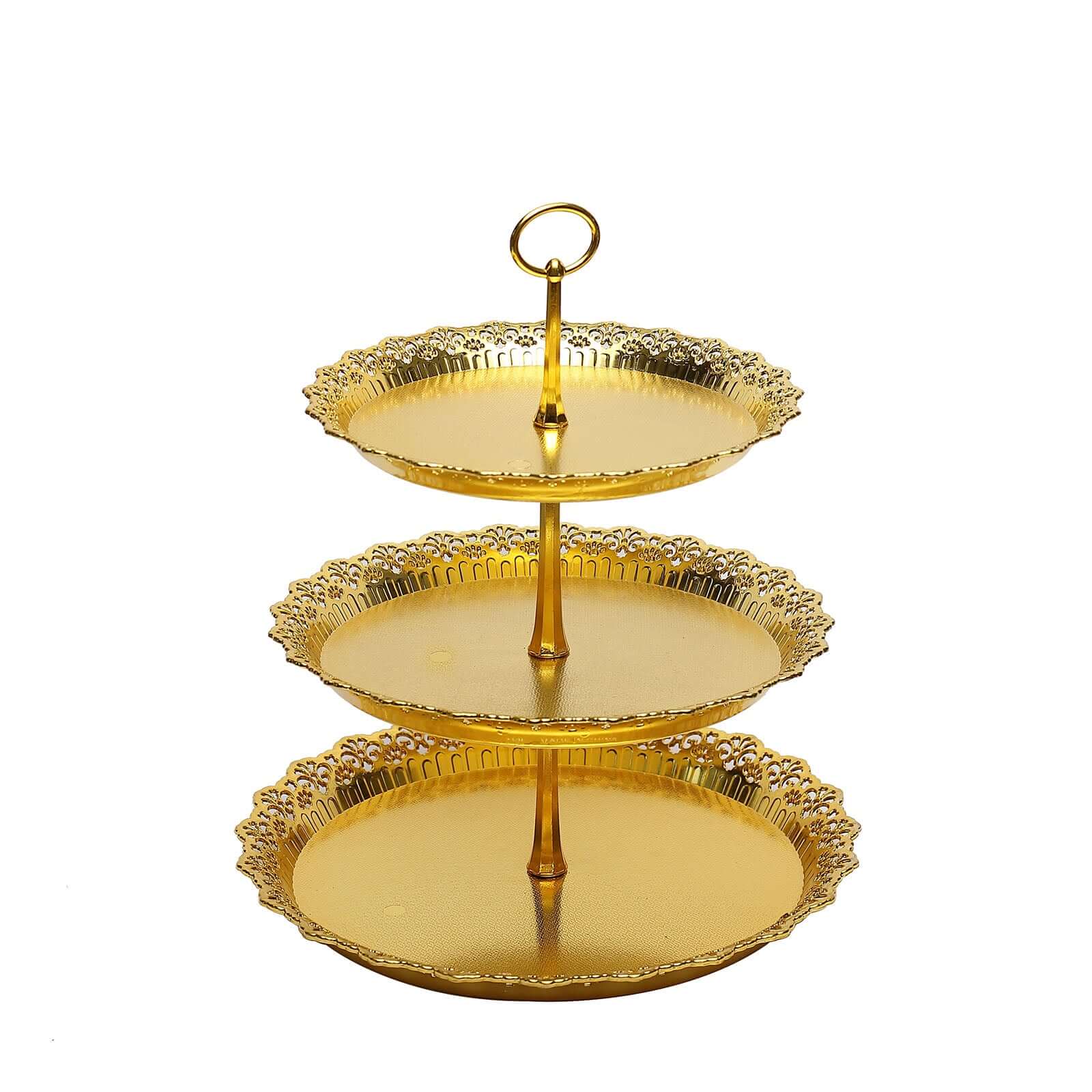 3-Tier Plastic Round Cupcake Stand 15" Metallic Gold with Lace Scalloped Edges - Decorative Space Saving Dessert Display Tower Pastry Serving Tray for Weddings & Cocktail Parties - Image 8