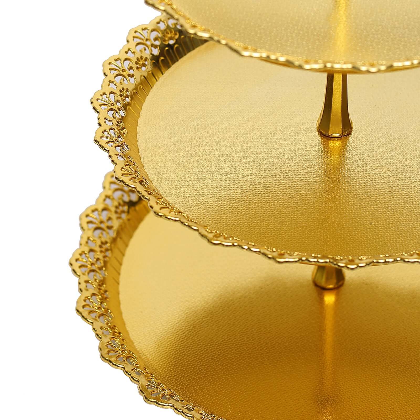 3-Tier Plastic Round Cupcake Stand 15" Metallic Gold with Lace Scalloped Edges - Decorative Space Saving Dessert Display Tower Pastry Serving Tray for Weddings & Cocktail Parties - Image 9