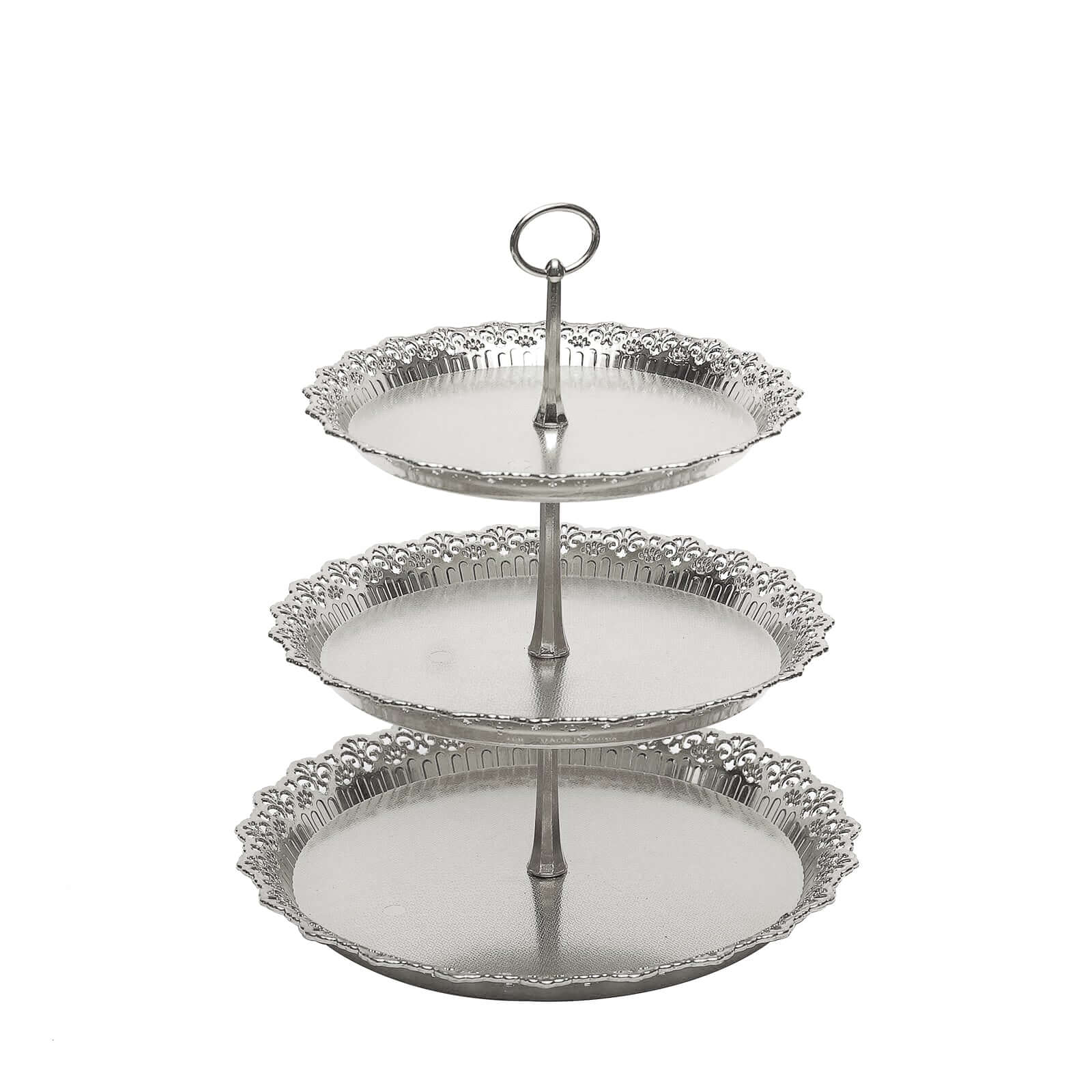 3-Tier Plastic Round Cupcake Stand 15" Metallic Silver with Lace Scalloped Edges - Decorative Space Saving Dessert Display Tower Pastry Serving Tray for Weddings & Cocktail Parties - Image 6
