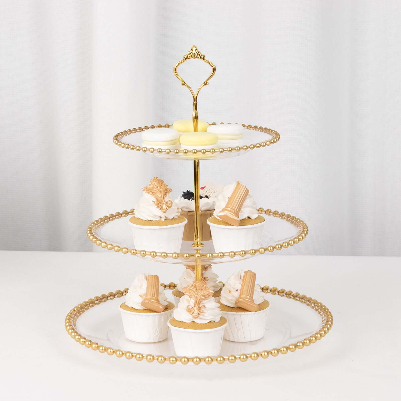 3-Tier Plastic Round Cupcake Tower Stand 14" Clear with Gold Beaded Rim - Stable Dessert Display Tea Party Serving Platter With Top Handle for Classy Events Weddings & Banquets - Image 2
