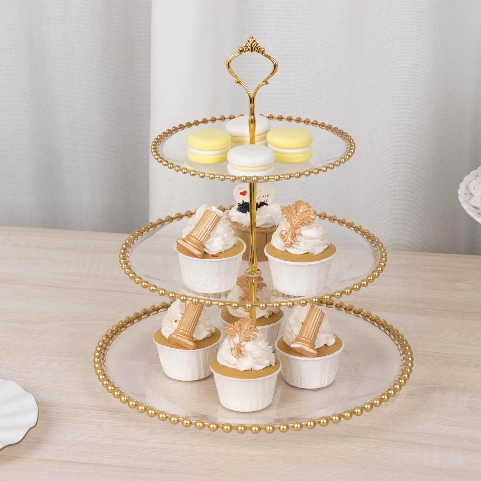 3-Tier Plastic Round Cupcake Tower Stand 14" Clear with Gold Beaded Rim - Stable Dessert Display Tea Party Serving Platter With Top Handle for Classy Events Weddings & Banquets - Image 8