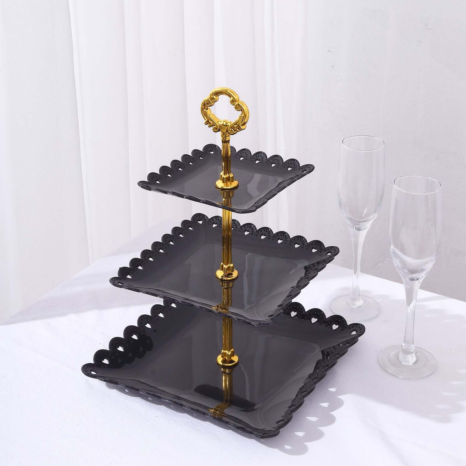 3-Tier Plastic Square Cupcake Stand Tower 13" Black Heart Wavy Edge & Gold Top Handle - Lightweight Easy to Assemble Dessert Display Serving Tray Platter for Weddings & Parties - Image 10