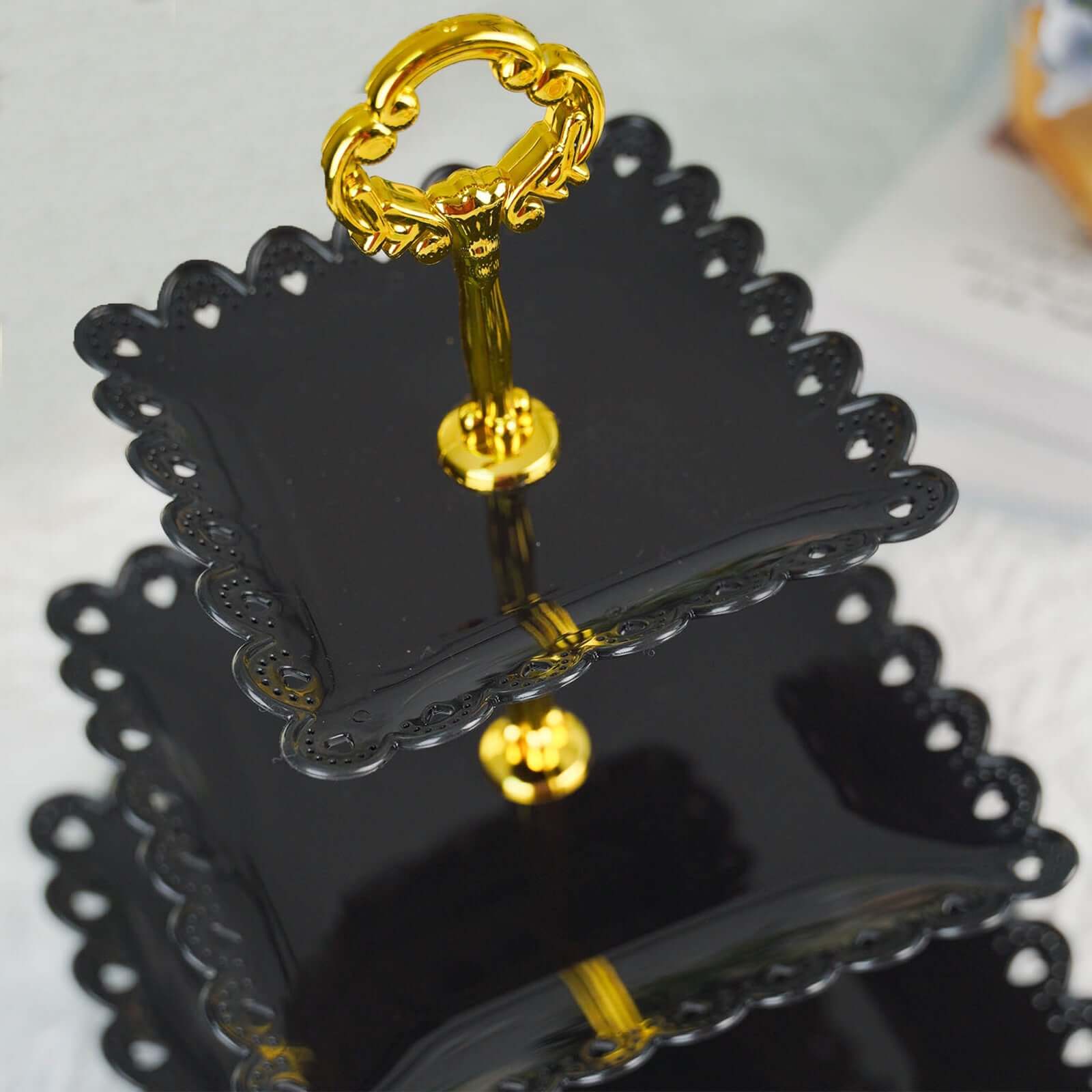 3-Tier Plastic Square Cupcake Stand Tower 13" Black Heart Wavy Edge & Gold Top Handle - Lightweight Easy to Assemble Dessert Display Serving Tray Platter for Weddings & Parties - Image 12