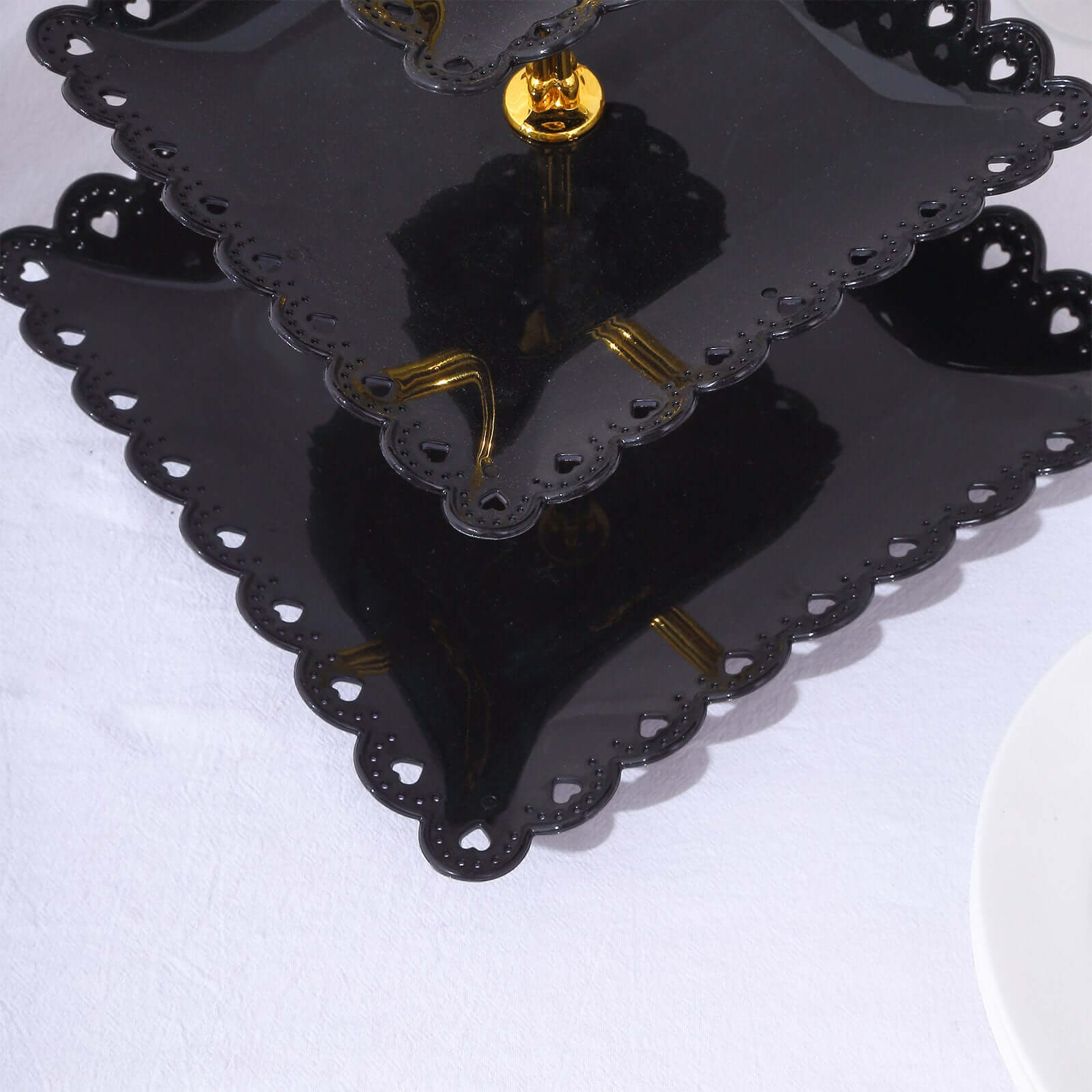 3-Tier Plastic Square Cupcake Stand Tower 13" Black Heart Wavy Edge & Gold Top Handle - Lightweight Easy to Assemble Dessert Display Serving Tray Platter for Weddings & Parties - Image 15