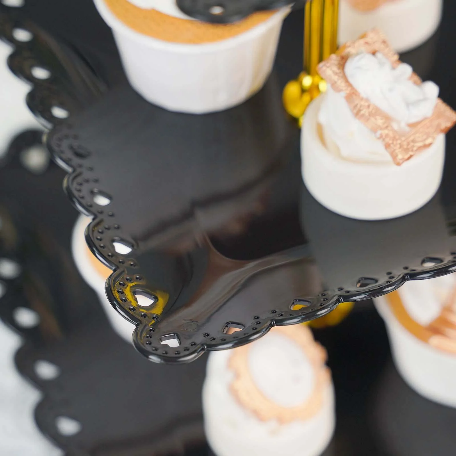 3-Tier Plastic Square Cupcake Stand Tower 13" Black Heart Wavy Edge & Gold Top Handle - Lightweight Easy to Assemble Dessert Display Serving Tray Platter for Weddings & Parties - Image 16