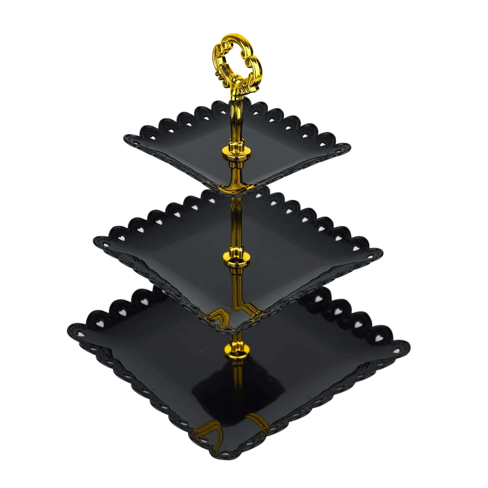 3-Tier Plastic Square Cupcake Stand Tower 13" Black Heart Wavy Edge & Gold Top Handle - Lightweight Easy to Assemble Dessert Display Serving Tray Platter for Weddings & Parties - Image 17