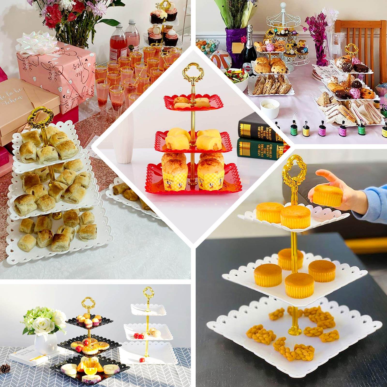 3-Tier Plastic Square Cupcake Stand Tower 13" Black Heart Wavy Edge & Gold Top Handle - Lightweight Easy to Assemble Dessert Display Serving Tray Platter for Weddings & Parties - Image 5