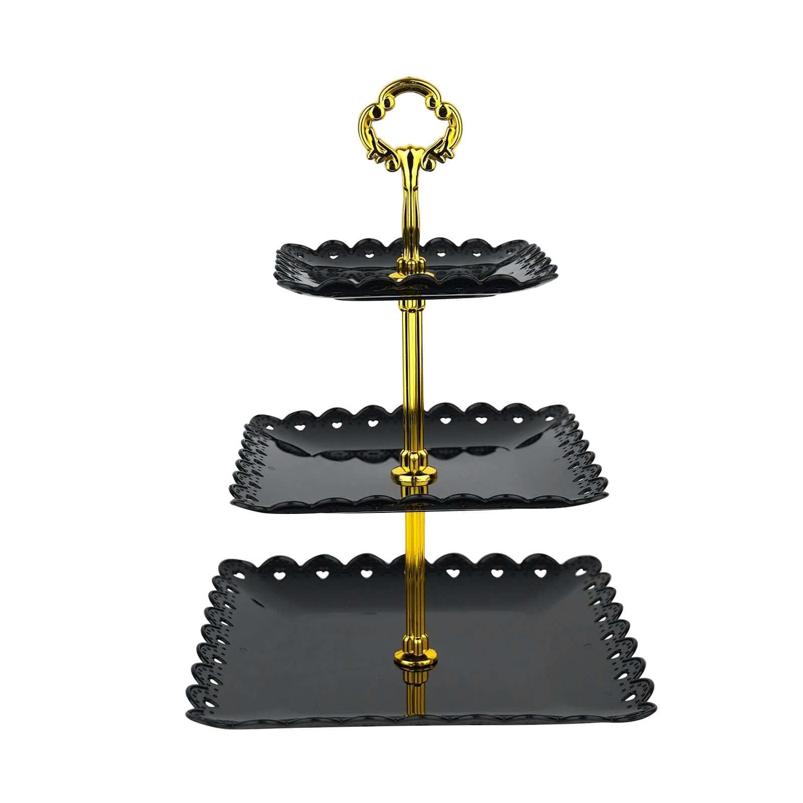 3-Tier Plastic Square Cupcake Stand Tower 13" Black Heart Wavy Edge & Gold Top Handle - Lightweight Easy to Assemble Dessert Display Serving Tray Platter for Weddings & Parties - Image 7