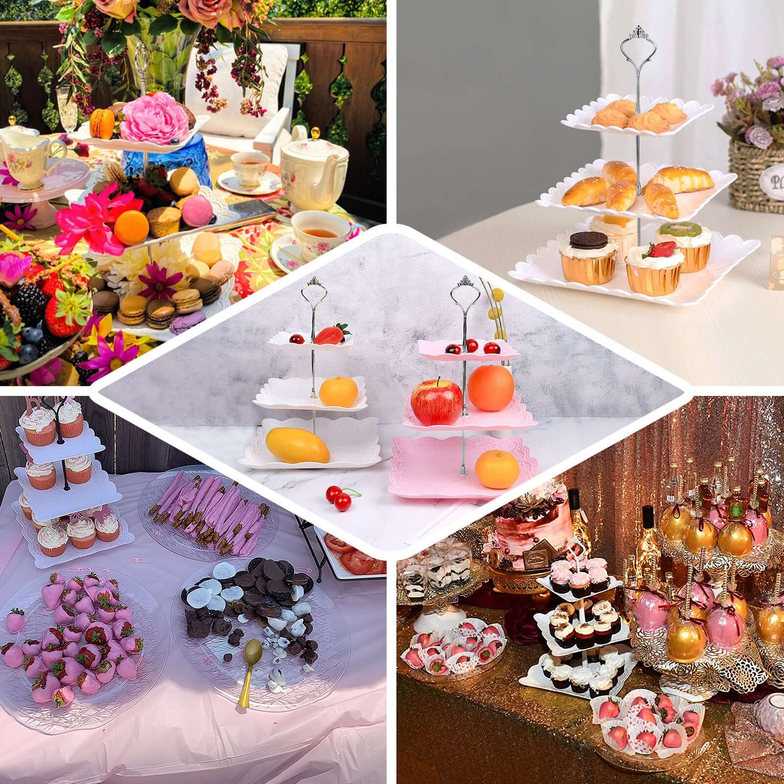 3-Tier Plastic Square Cupcake Stand Tower 13" White with Floral Embossed Scalloped Rim & Silver Handle - Lightweight Disposable Dessert Display Serving Tray Platter for Weddings & Parties - Image 5