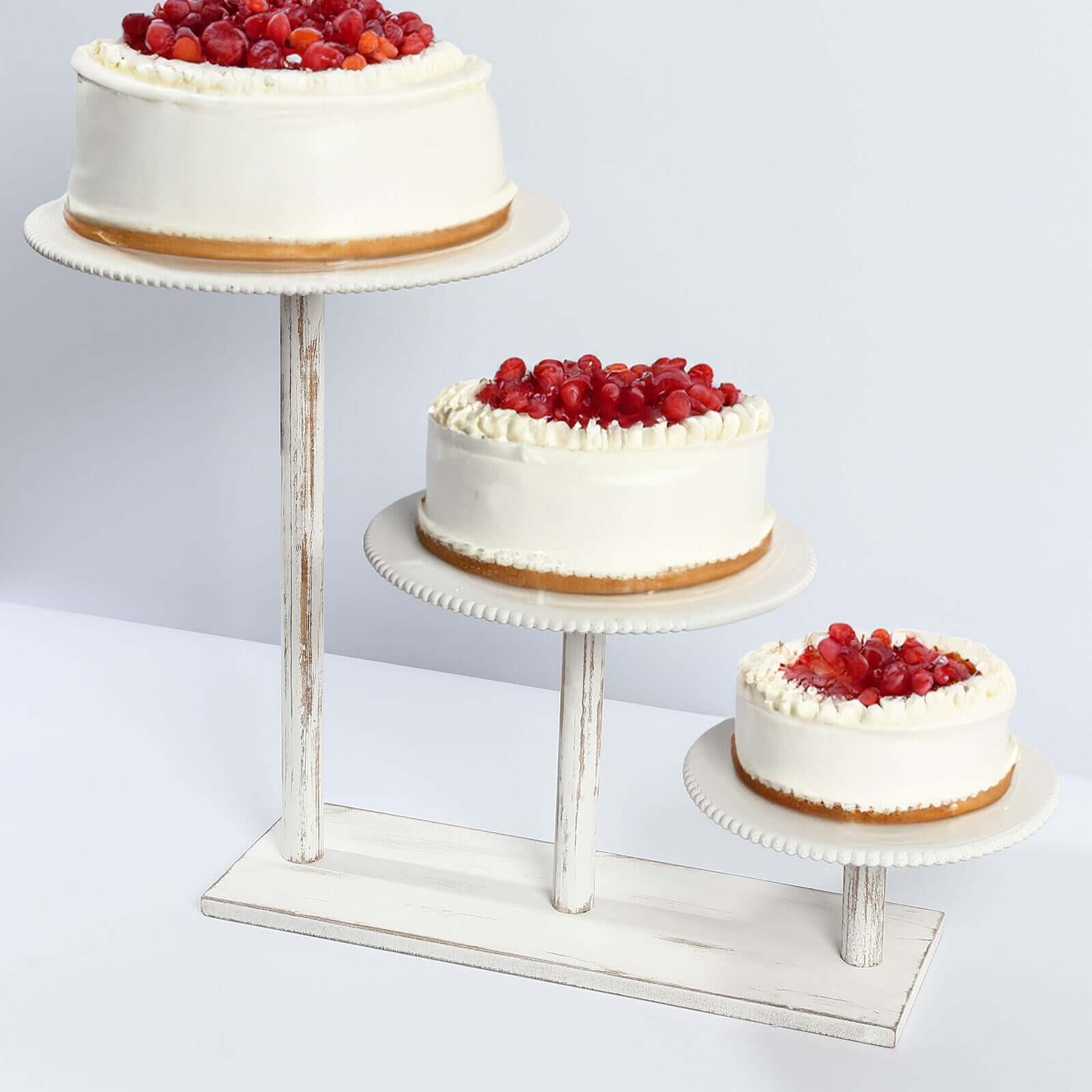 3-Tier Wooden Cake Stand 24"x16" Whitewash with Round Beaded Rim Trays - Rustic Cupcake Tower Dessert Display - Image 15