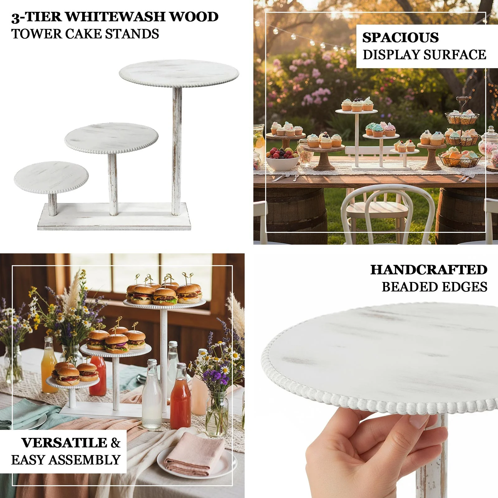 3-Tier Wooden Cake Stand 24"x16" Whitewash with Round Beaded Rim Trays - Rustic Cupcake Tower Dessert Display - Image 4