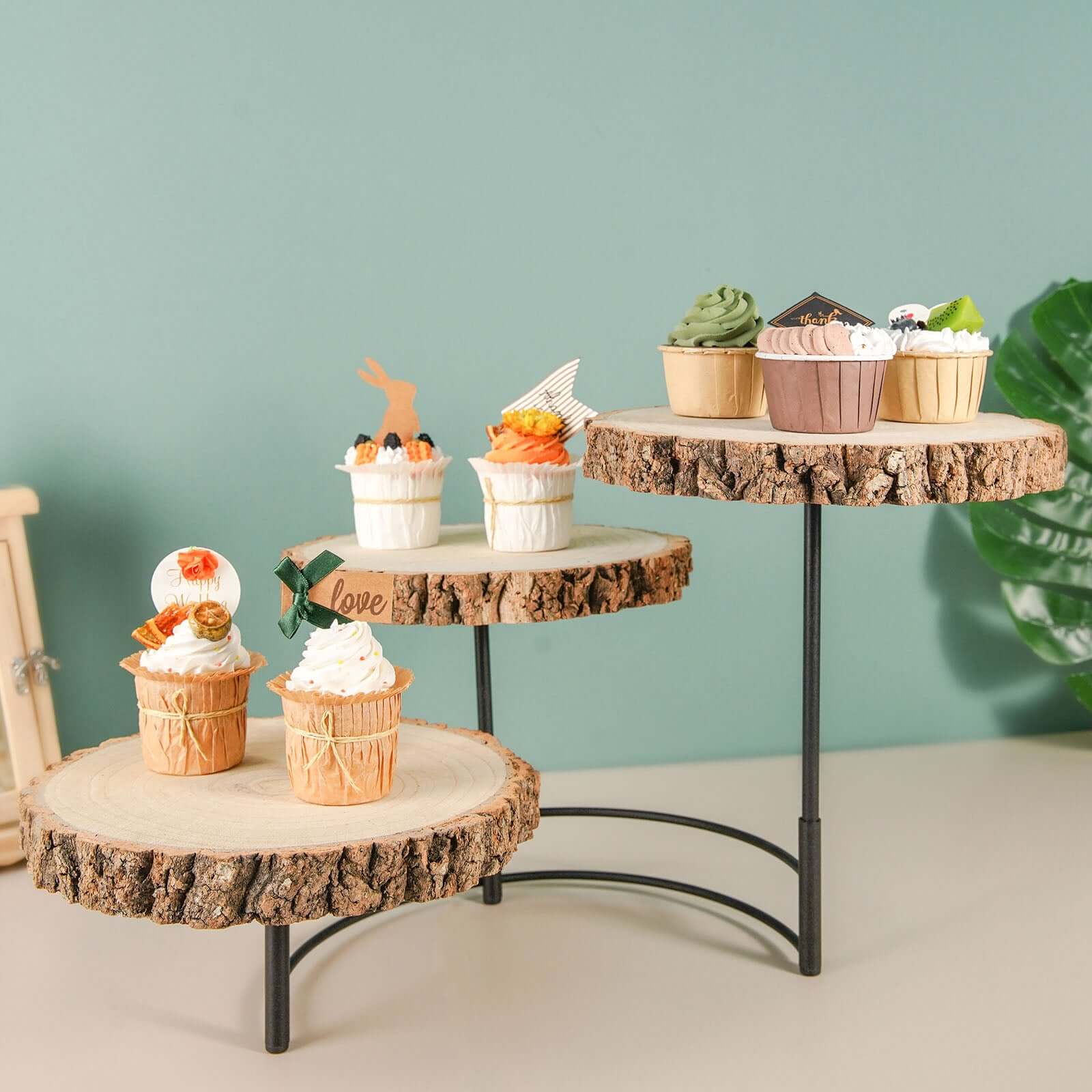 3-Tier Wooden Cheese Board Stand 12" Tall Half Moon Wood Slice Design - Rustic Cupcake Centerpiece - Image 2