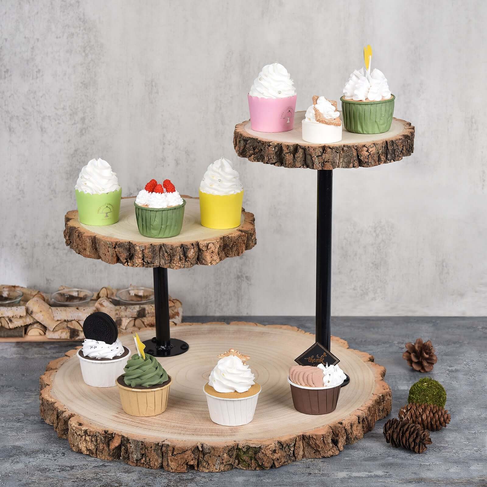3-Tier Wooden Cheese Board Stand 14" Natural Wood Slice Design - Rustic Cupcake Centerpiece with Assembly Tools - Image 8