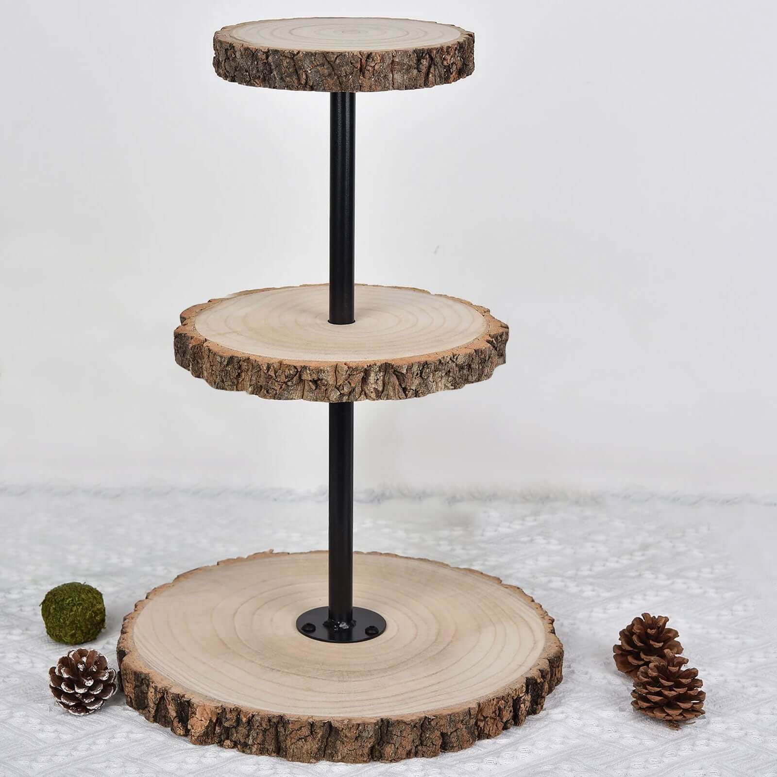 3-Tier Wooden Cheese Board Stand 19" Tower Design Natural Wood Slice - Rustic Cupcake Centerpiece with Assembly Tools
