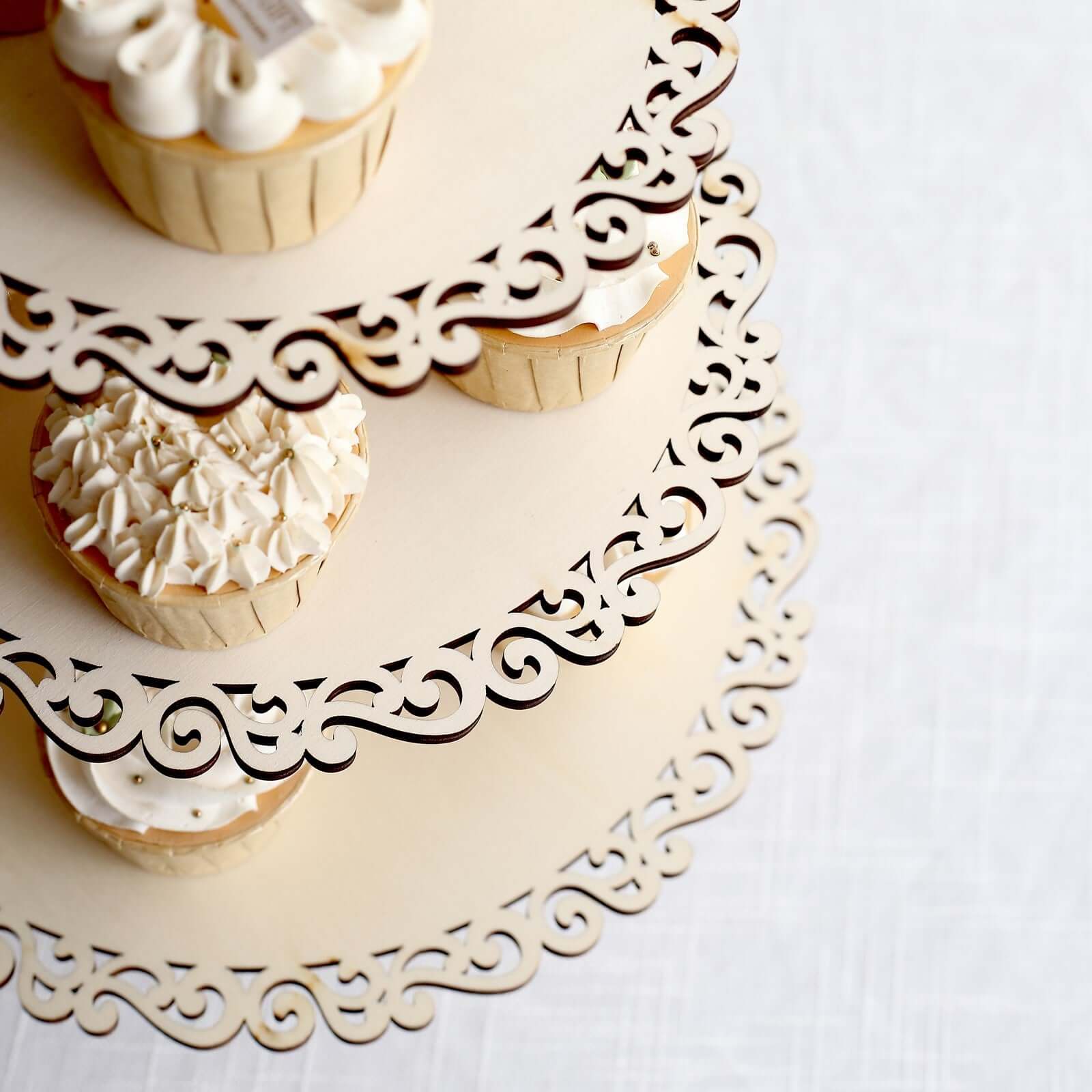 3-Tier Wooden Cupcake Stand 16" Floral Edge Design Natural - Rustic Round Dessert Display Table Centerpiece - Image 11