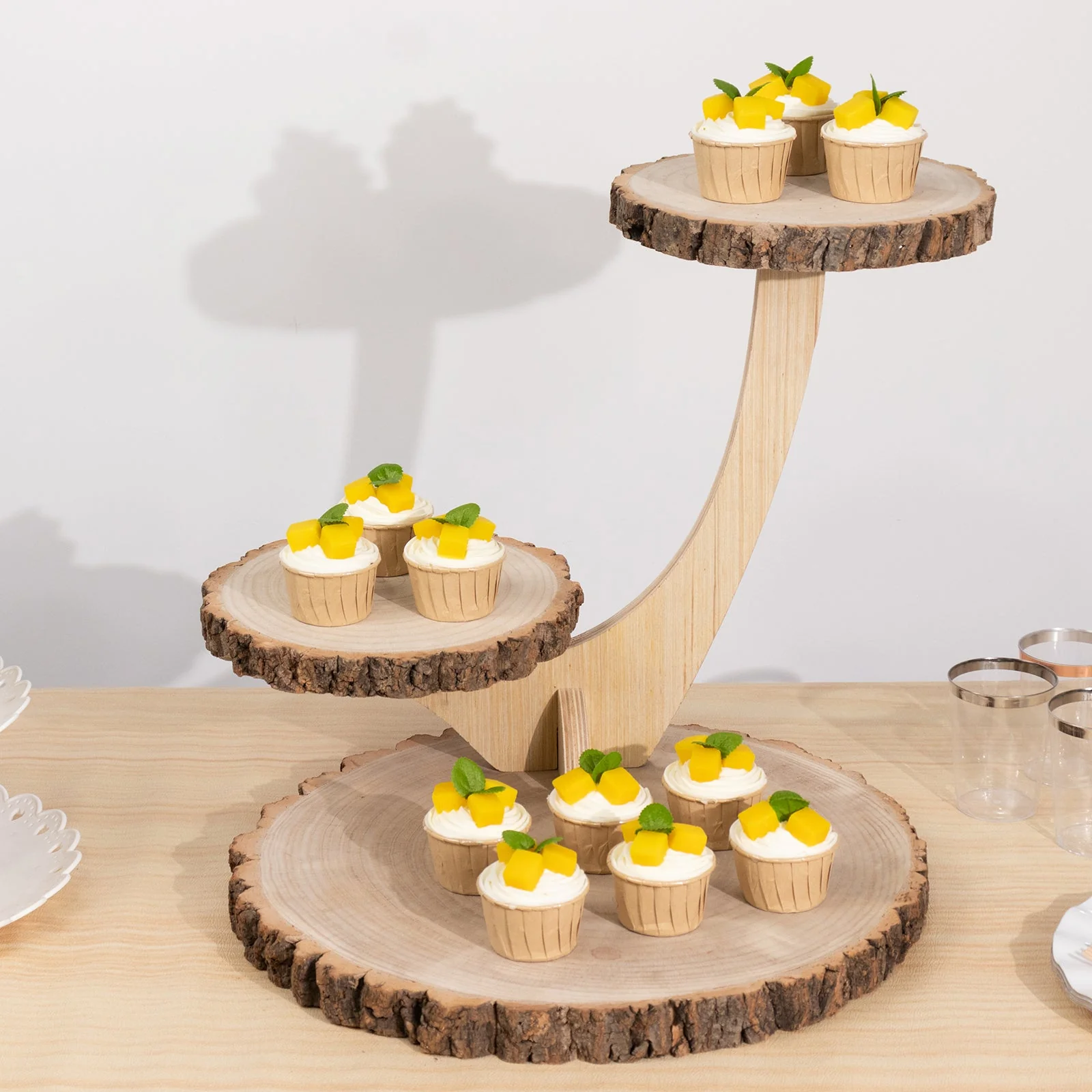 3-Tier Wooden Cupcake Stand 17" Rustic Natural Wood Slice with Tree Branch Style - Farmhouse Dessert Display Cake Holder - Image 7