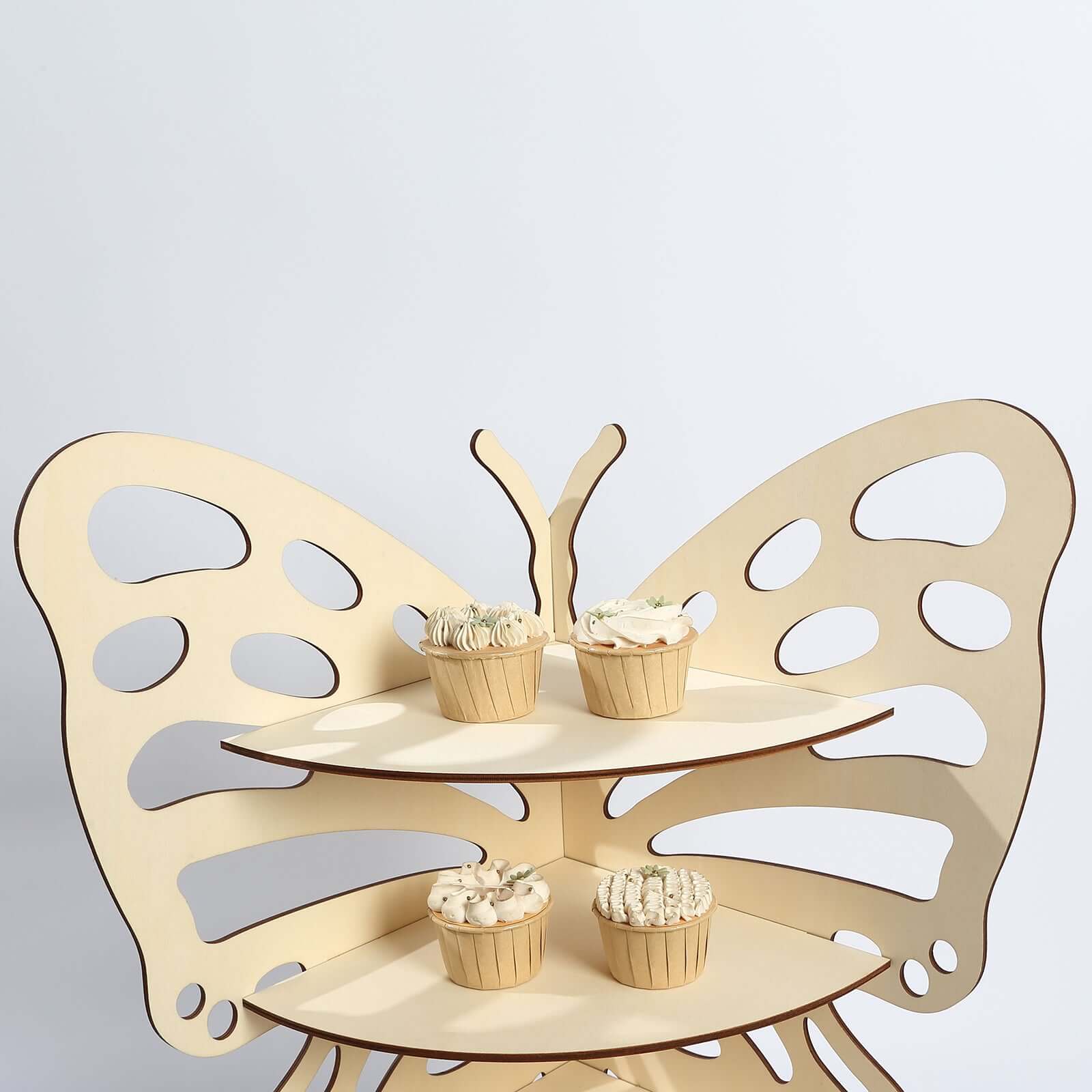 3-Tier Wooden Cupcake Stand 24" Butterfly Design Natural - Rustic Dessert Display Shelf Rack - Image 4