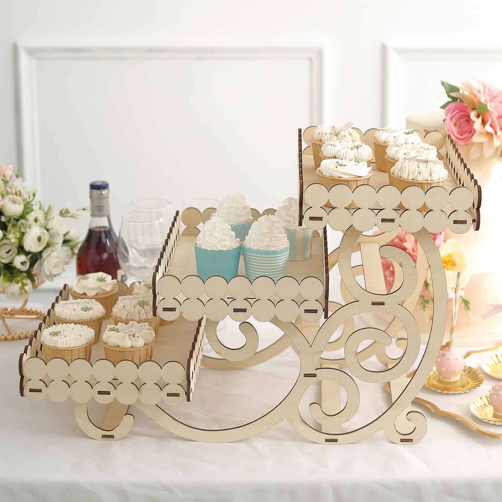 3-Tier Wooden Dessert Display 22" Rectangular Laser Cutout Design Natural - Serving Platter Cupcake Mini Cake Tray - Image 2