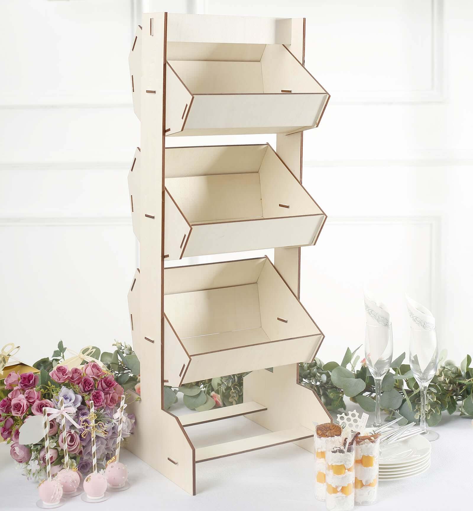 3-Tier Wooden Display Rack 33" Basket Floor Standing Design Natural - Rustic Tabletop Cupcake Dessert Shelf Holder - Image 4