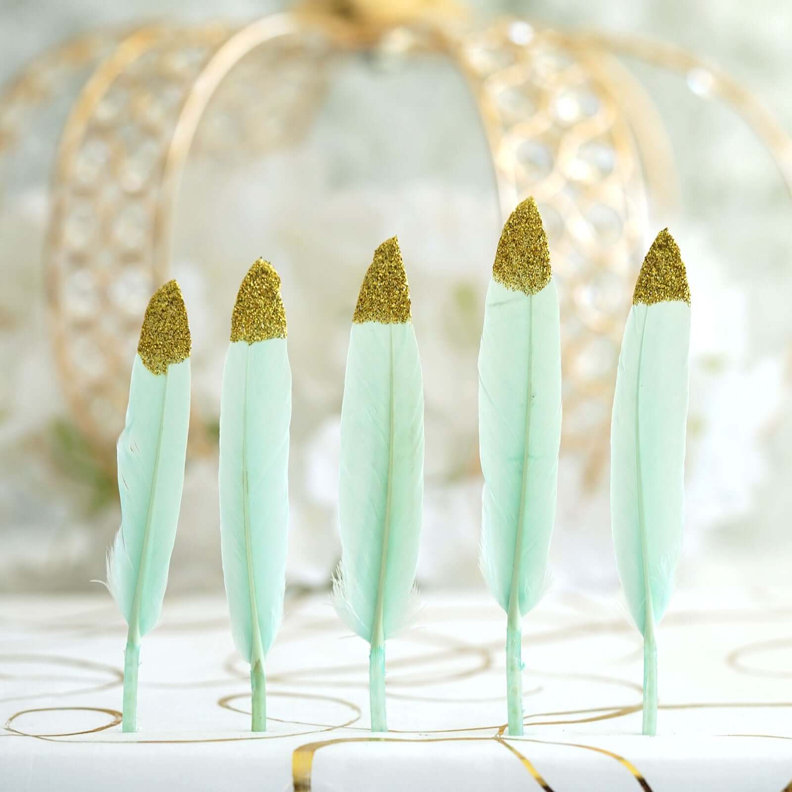 30-Pack Real Turkey Feathers Mint Glitter Gold Tip Design - Craft Feathers for Party Decorations and DIY Crafts