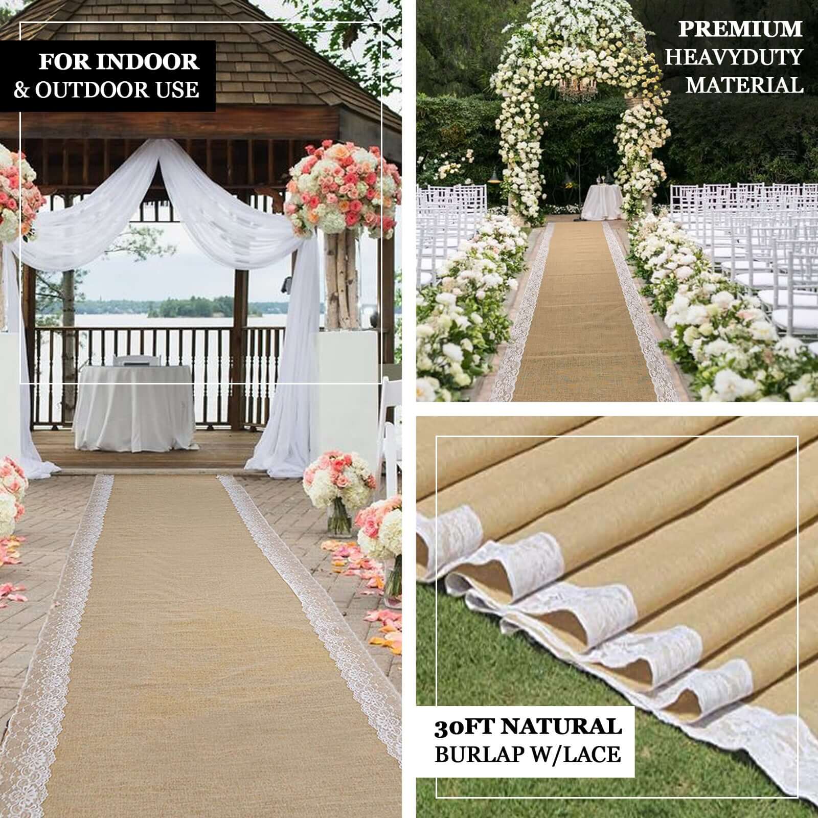 Natural Jute Burlap Aisle Runner with White Floral Lace Borders 30ft - Image 4