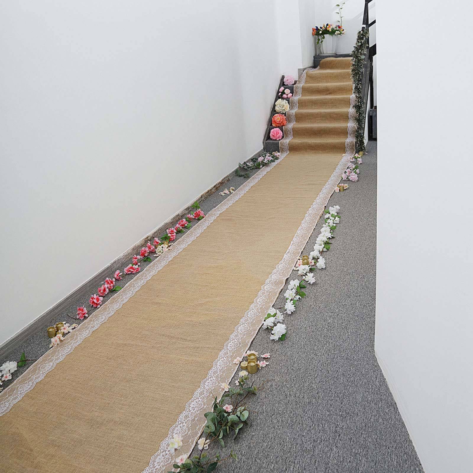 Natural Jute Burlap Aisle Runner with White Floral Lace Borders 30ft - Image 6