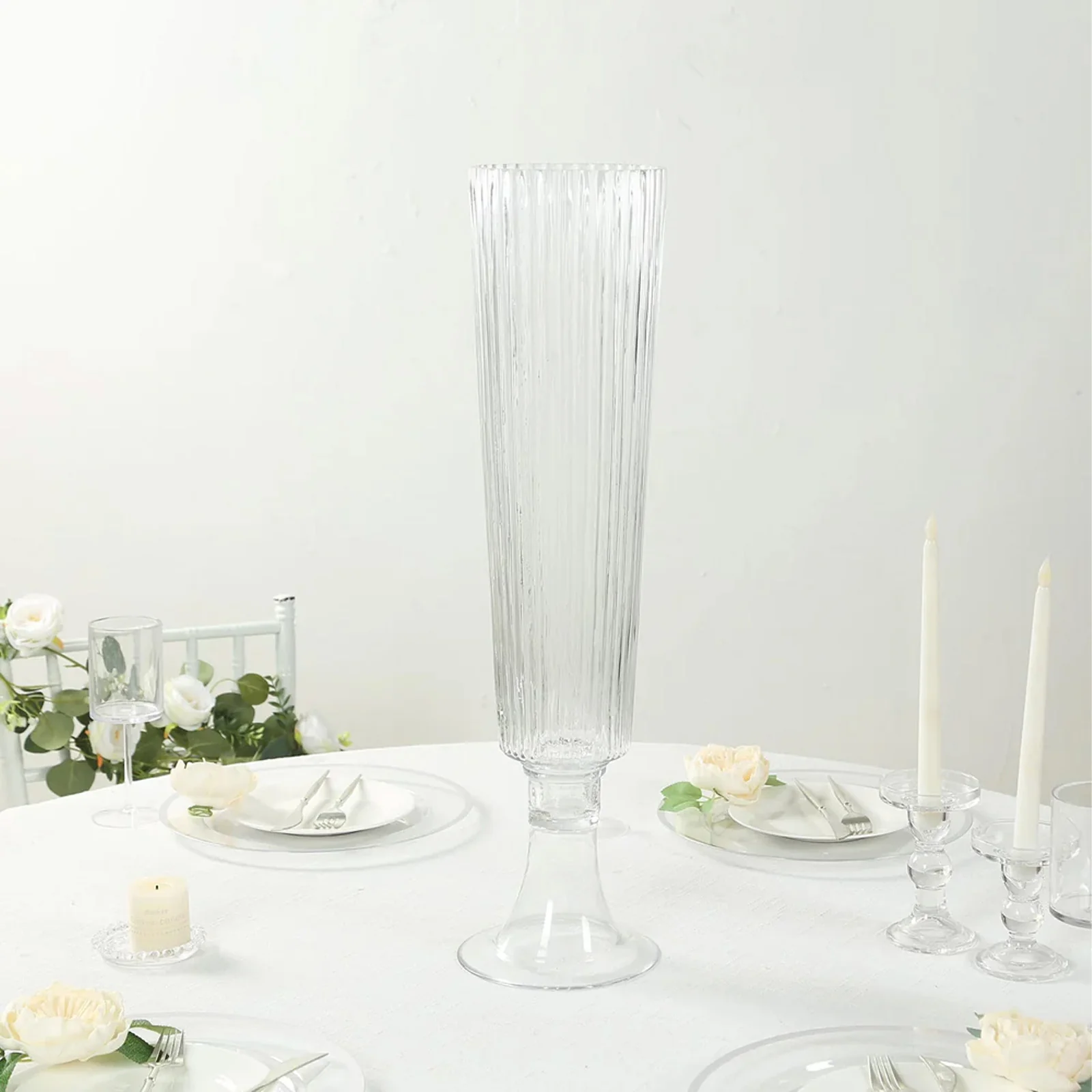 2-Pack Glass Trumpet Vases Ribbed Design 32" Clear - Heavy Duty Floral Wedding Centerpieces - Image 2