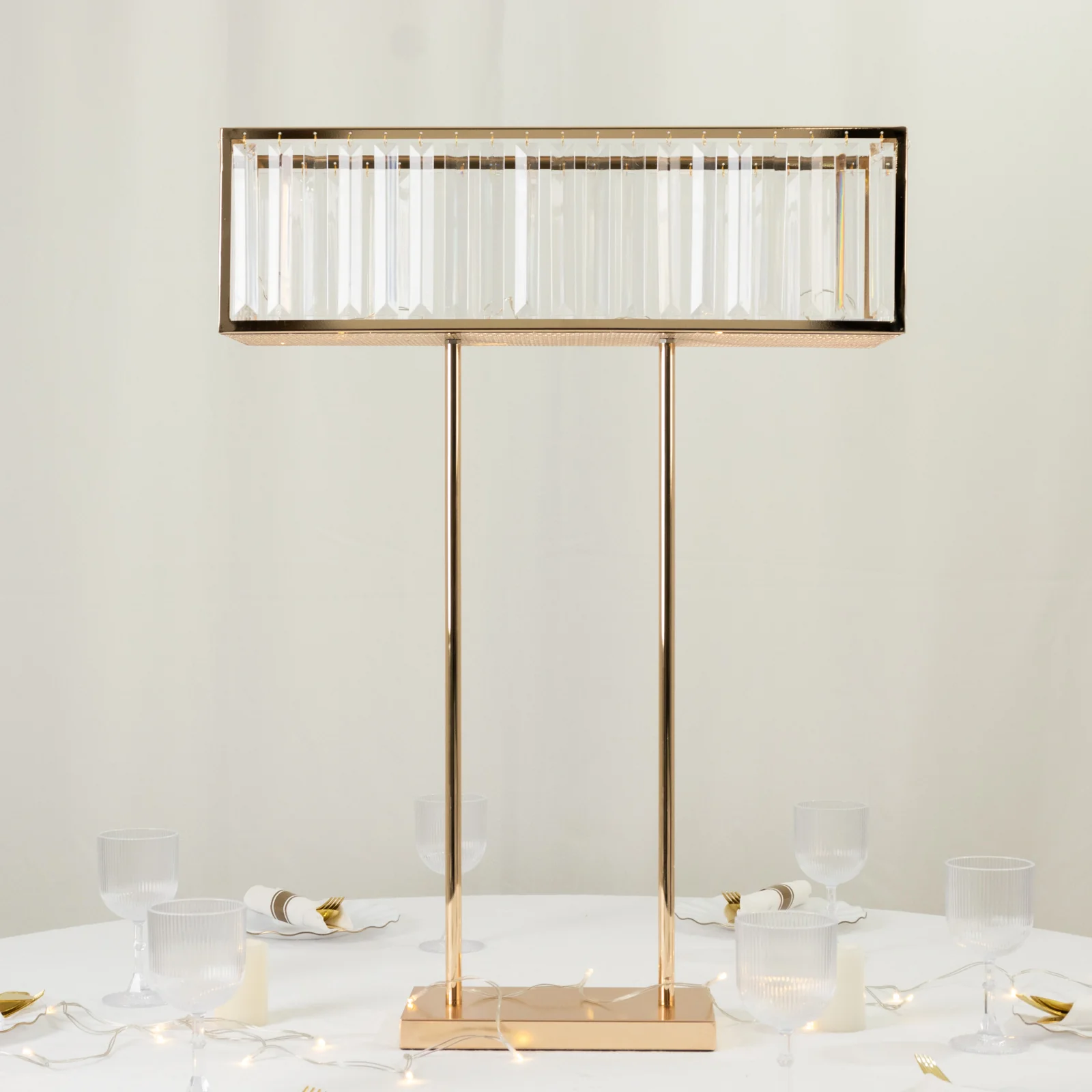 Crystal Pendant Flower Stand, Gold Metal Centerpiece Vase – 32" Tall Rectangular Display Rack