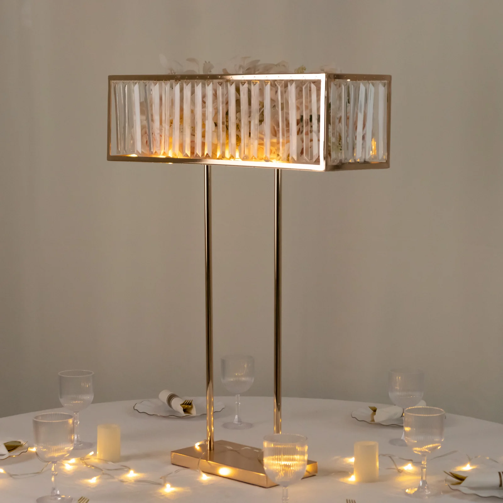 Crystal Pendant Flower Stand, Gold Metal Centerpiece Vase – 32" Tall Rectangular Display Rack - Image 6