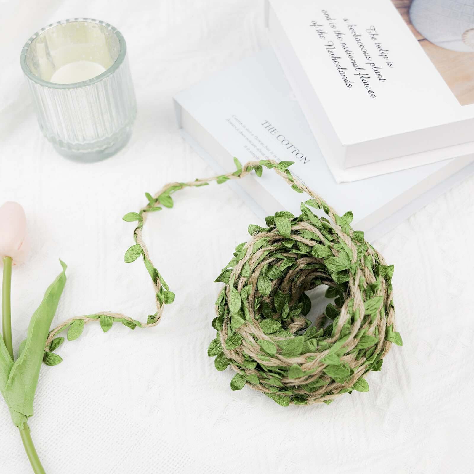 Natural Jute Twine With Green Leaves, Burlap Leaf Ribbon For DIY Craft Party Wedding Home Decor 32FT - Image 2