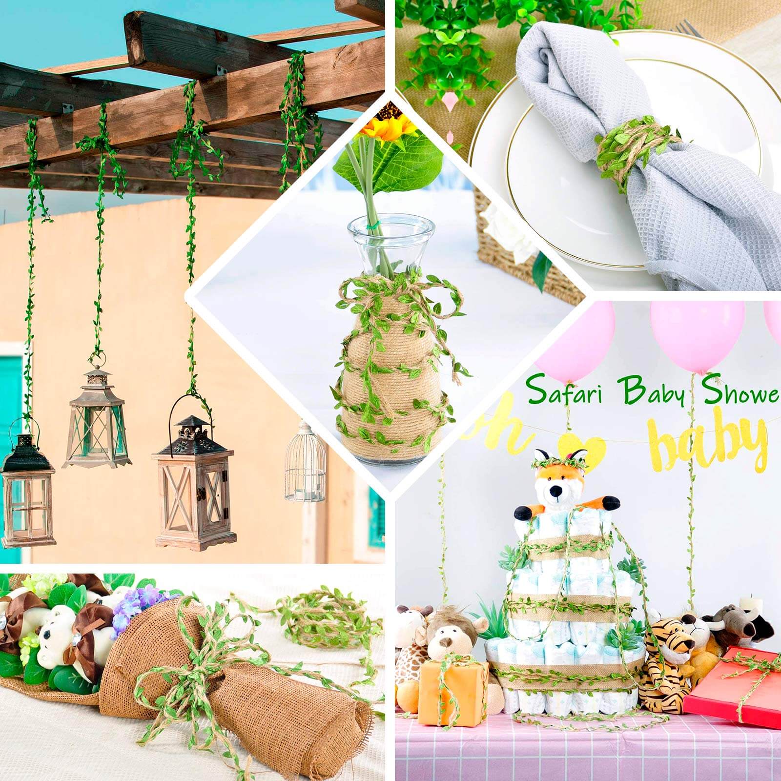 Natural Jute Twine With Green Leaves, Burlap Leaf Ribbon For DIY Craft Party Wedding Home Decor 32FT - Image 5