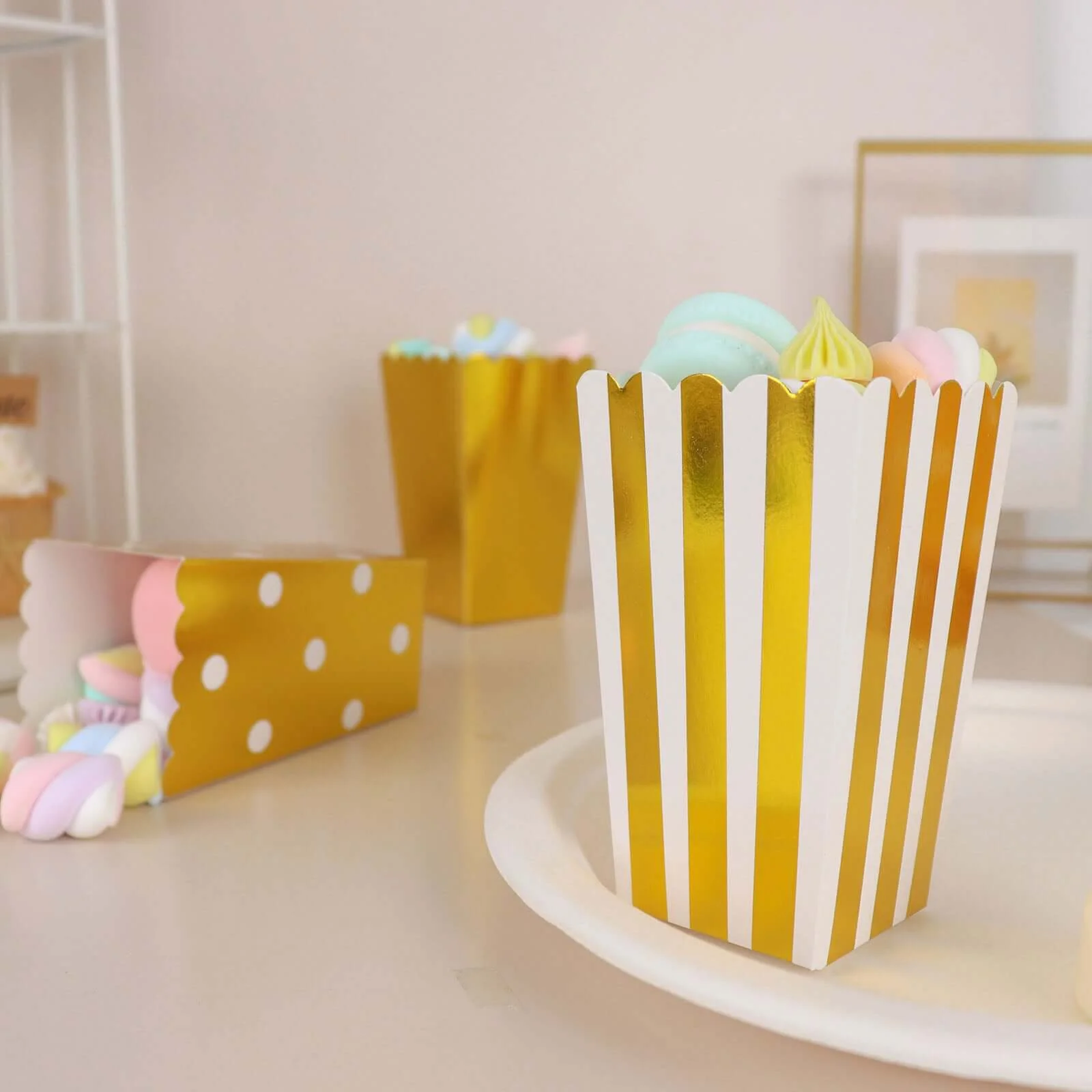 36 Pack White / Gold Cardboard Popcorn Style Favor Boxes, Candy Paper Bags - Stripe, Polka Dot, Solid Design 5" - Image 11
