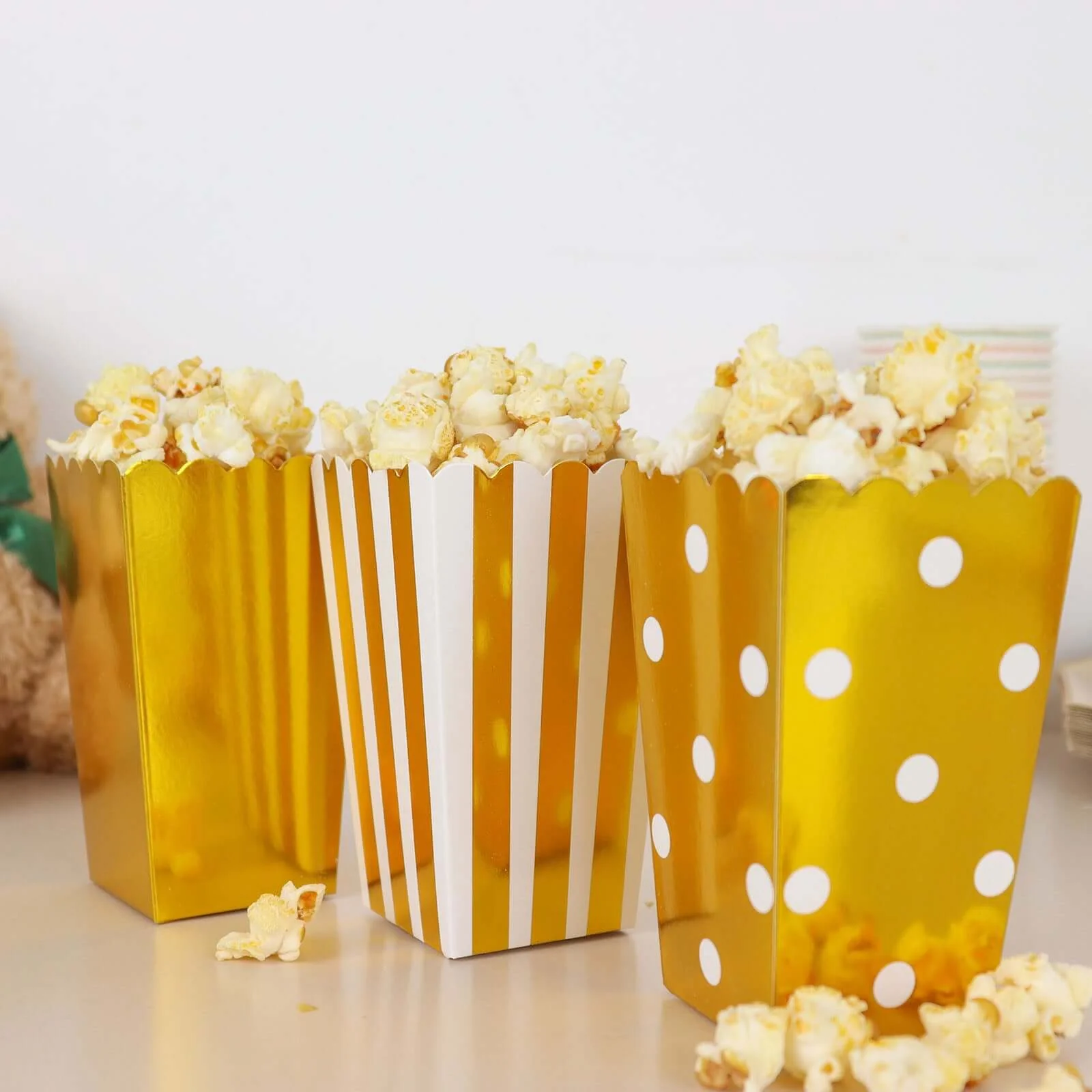 36 Pack White / Gold Cardboard Popcorn Style Favor Boxes, Candy Paper Bags - Stripe, Polka Dot, Solid Design 5" - Image 6