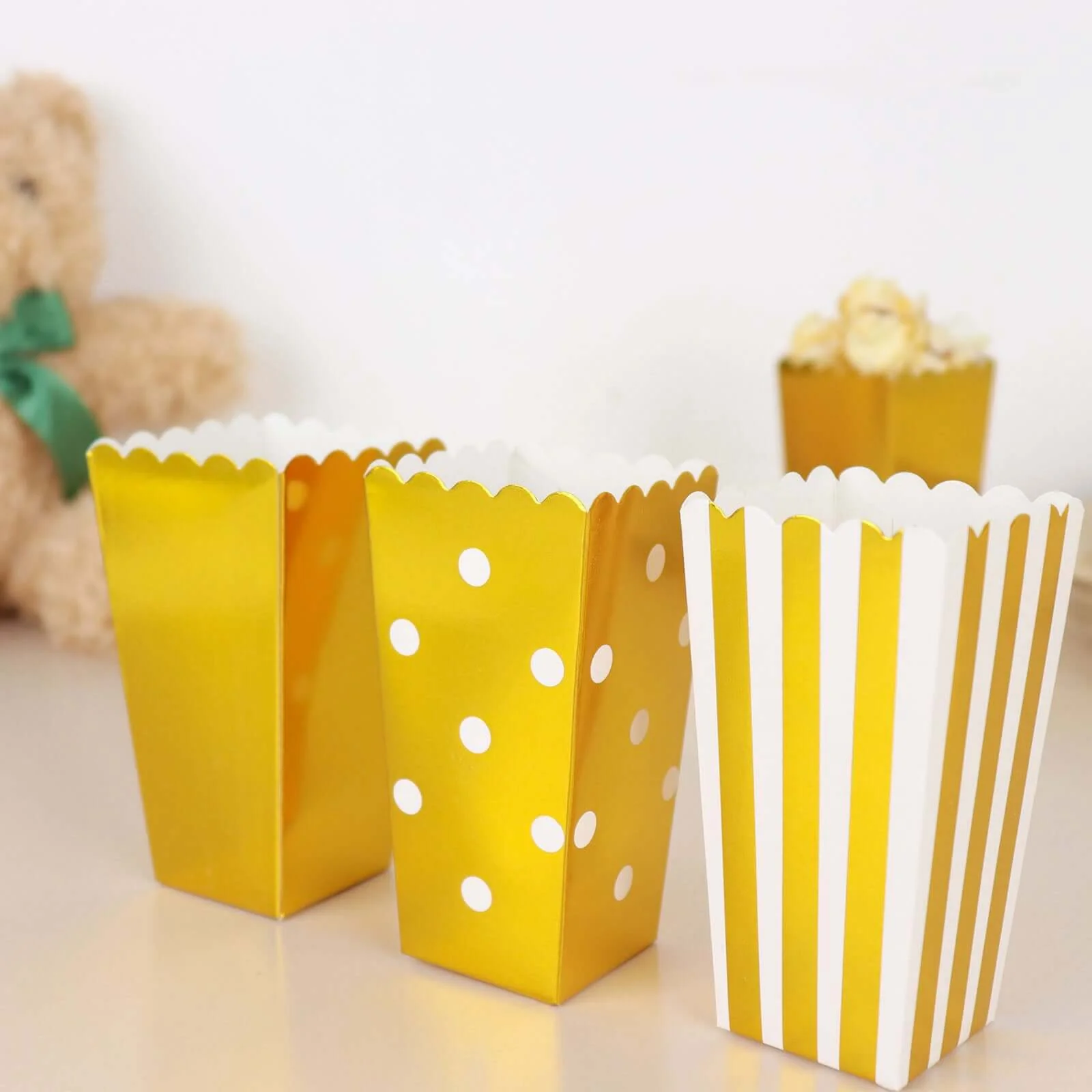 36 Pack White / Gold Cardboard Popcorn Style Favor Boxes, Candy Paper Bags - Stripe, Polka Dot, Solid Design 5" - Image 8