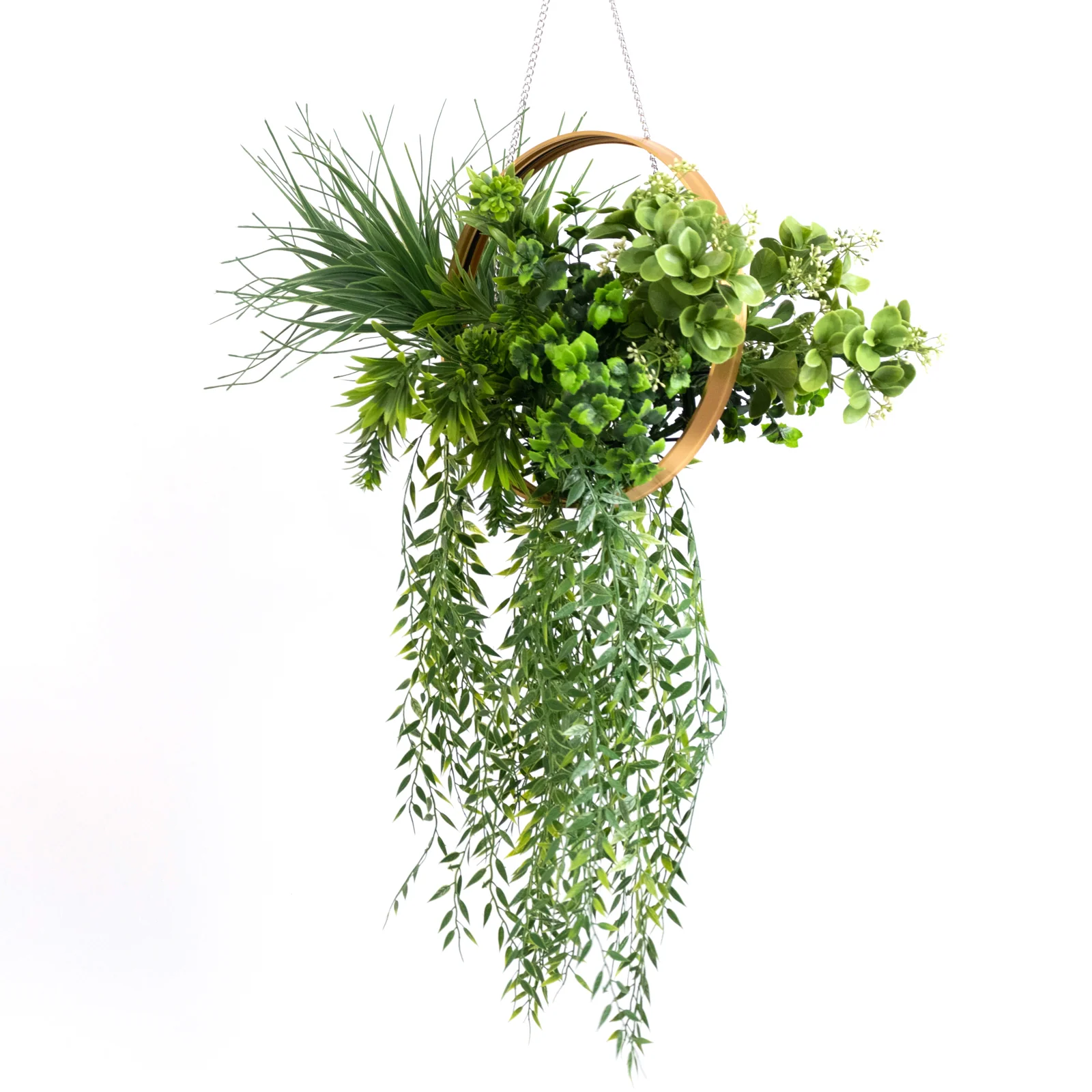 38" Long Hanging Hoop Greenery Chandelier – Faux Green Plant Ceiling Décor - Image 6