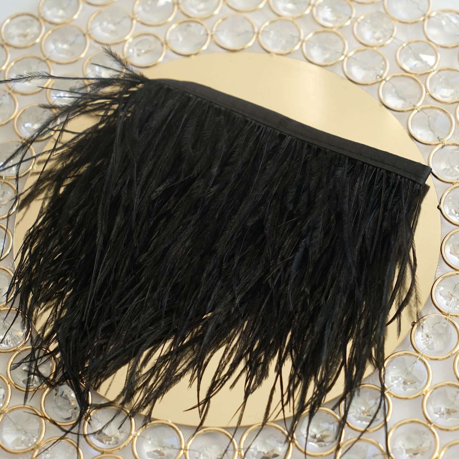 Black Real Ostrich Feather Fringe Trim With Satin Ribbon Tape 39" - Image 2