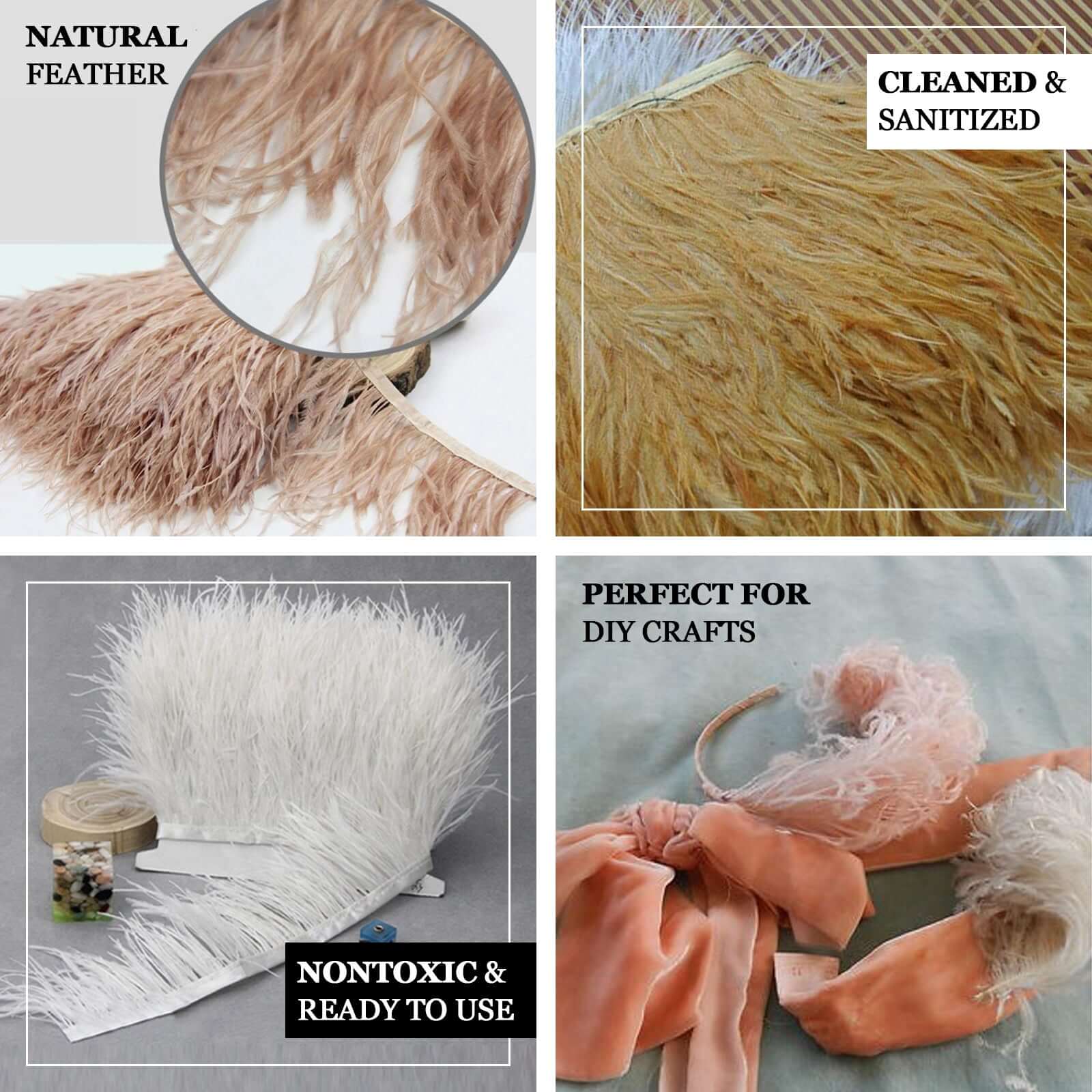 Gold Real Turkey Feather Fringe Trim With Satin Ribbon Tape 39" - Image 3