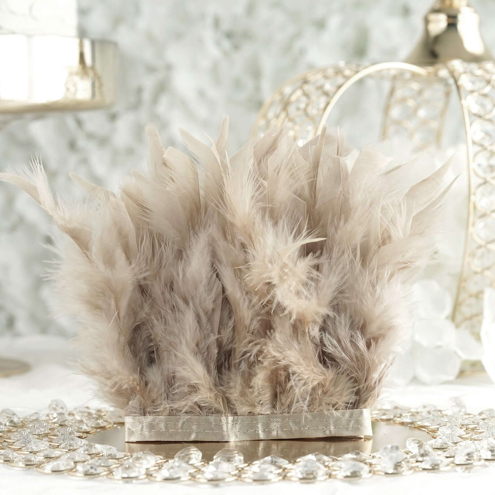 Natural Real Turkey Feather Fringe Trim With Satin Ribbon Tape 39" - Image 2