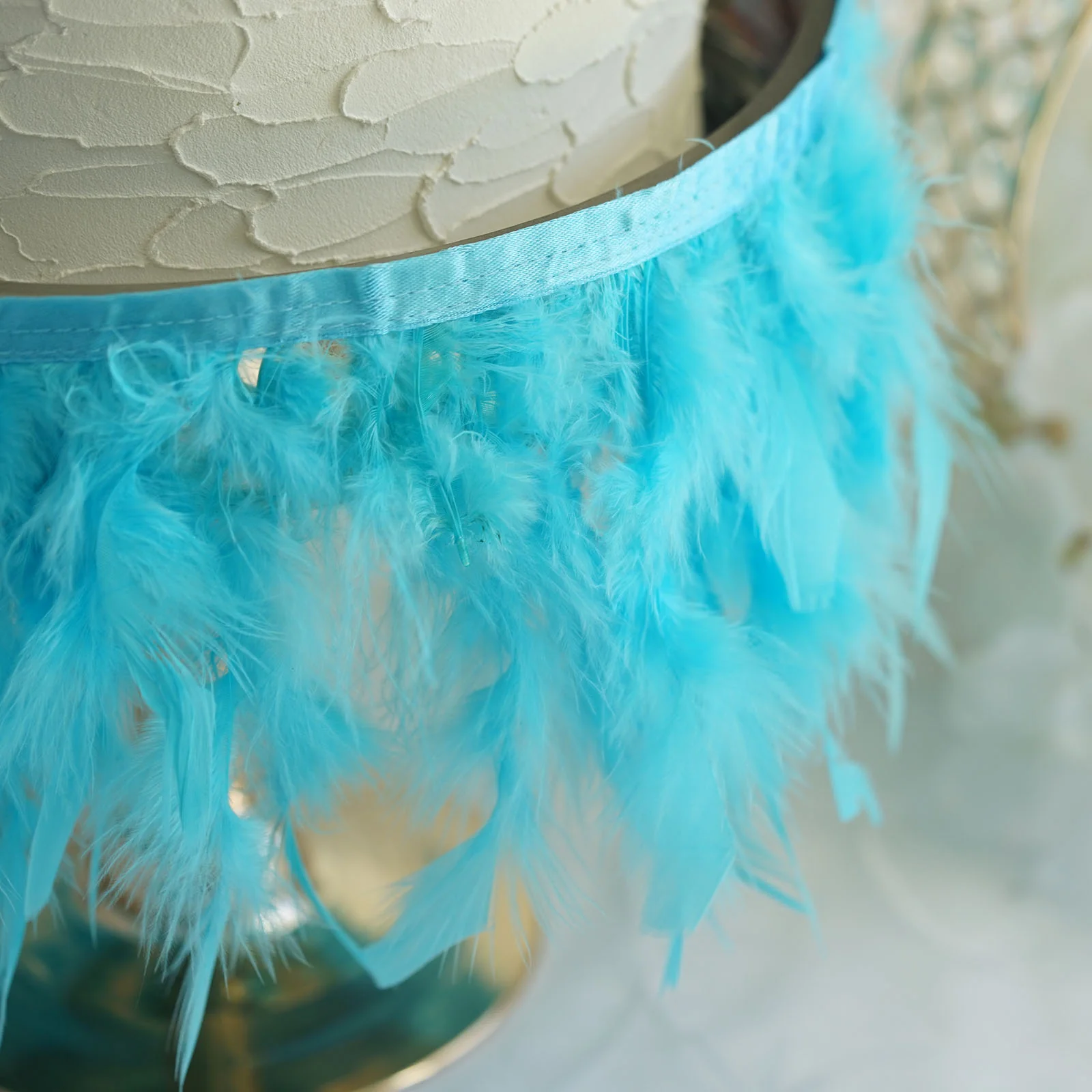 Turquoise Real Turkey Feather Fringe Trim With Satin Ribbon Tape 39" - Image 6