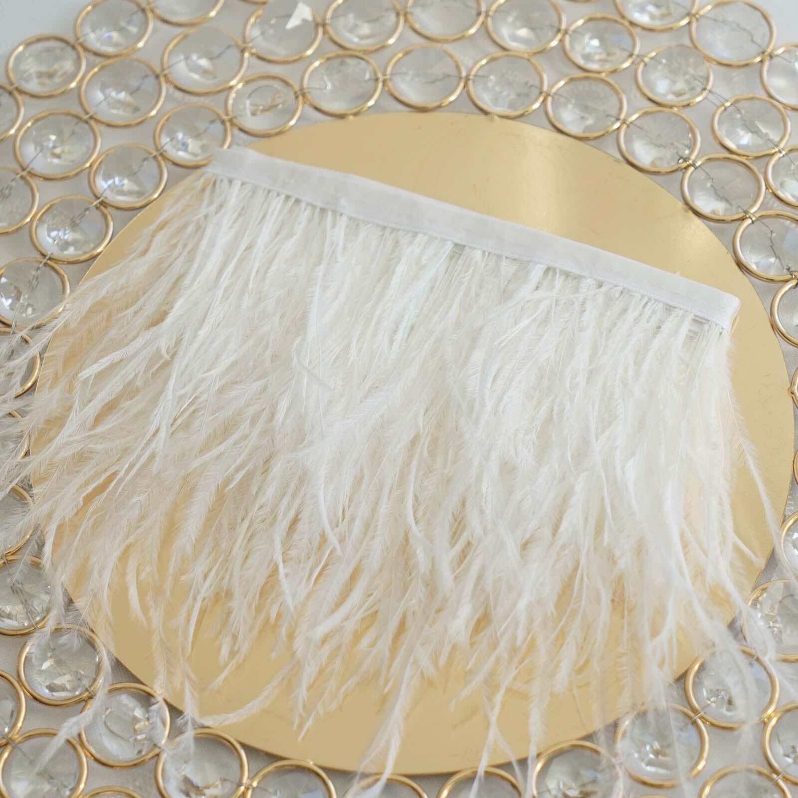 White Real Ostrich Feather Fringe Trim With Satin Ribbon Tape 39" - Image 2