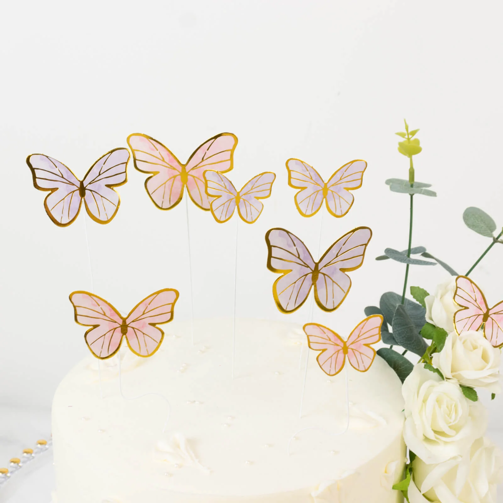 64 Pcs 3D Butterfly Cake Toppers with Gold Edges – Pink & Purple Double Layer Cupcake Decorations for Birthdays, Weddings, Baby Showers – Assorted Sizes - Image 3