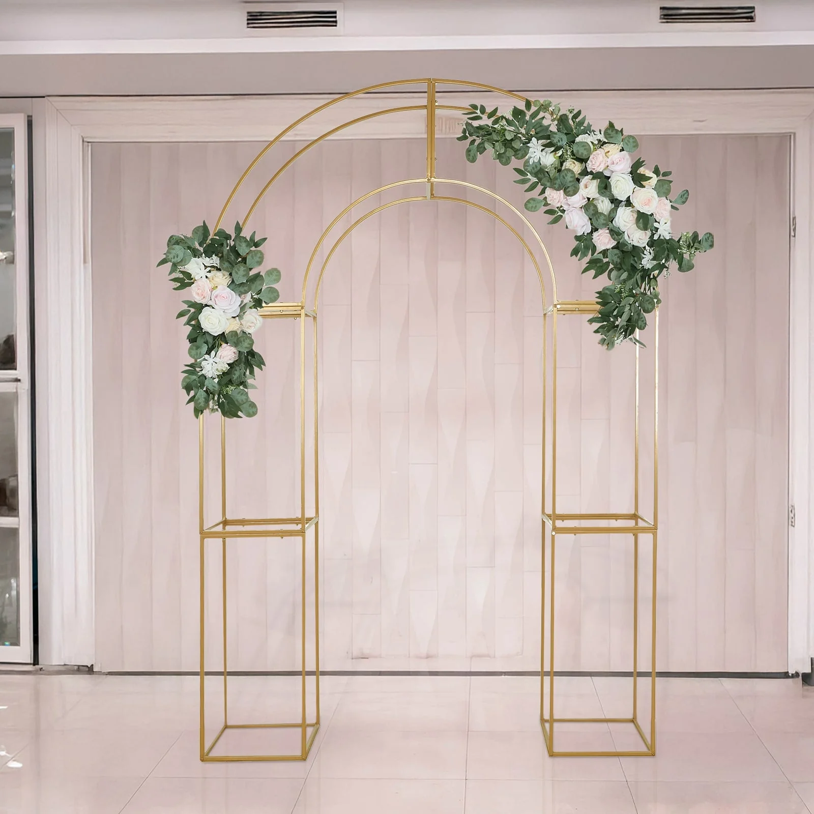 3D Gold Metal Wedding Arch Backdrop Stand with Round Top, Heavy-Duty Floral Balloon Frame for Party Decor - 7.5ft - Image 11
